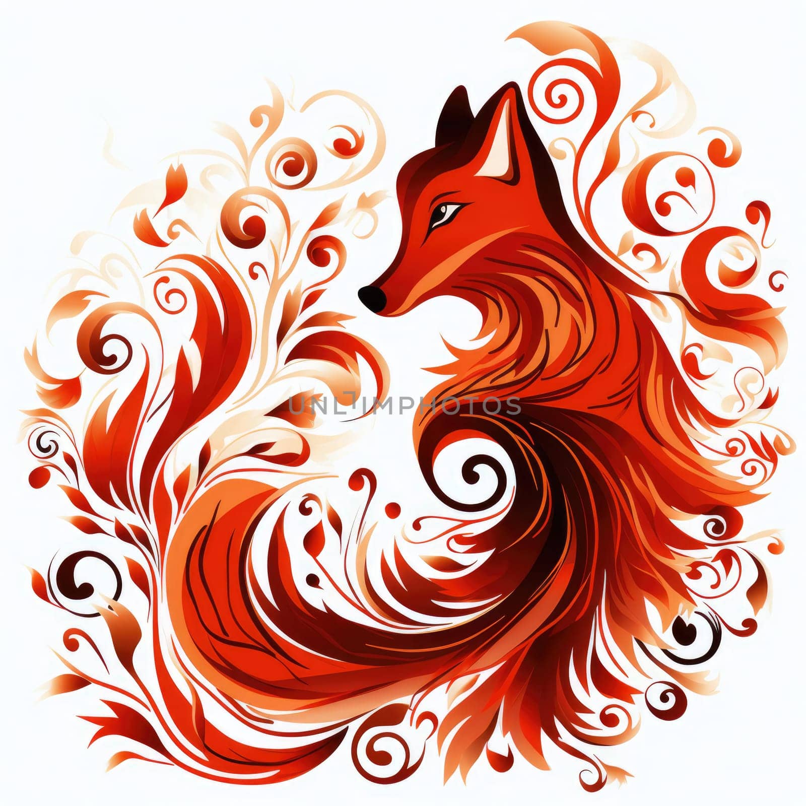 Decorative art style image of fox isolated on white background as a graphic design element for poster, t-shirt print, sticker, logo, etc.