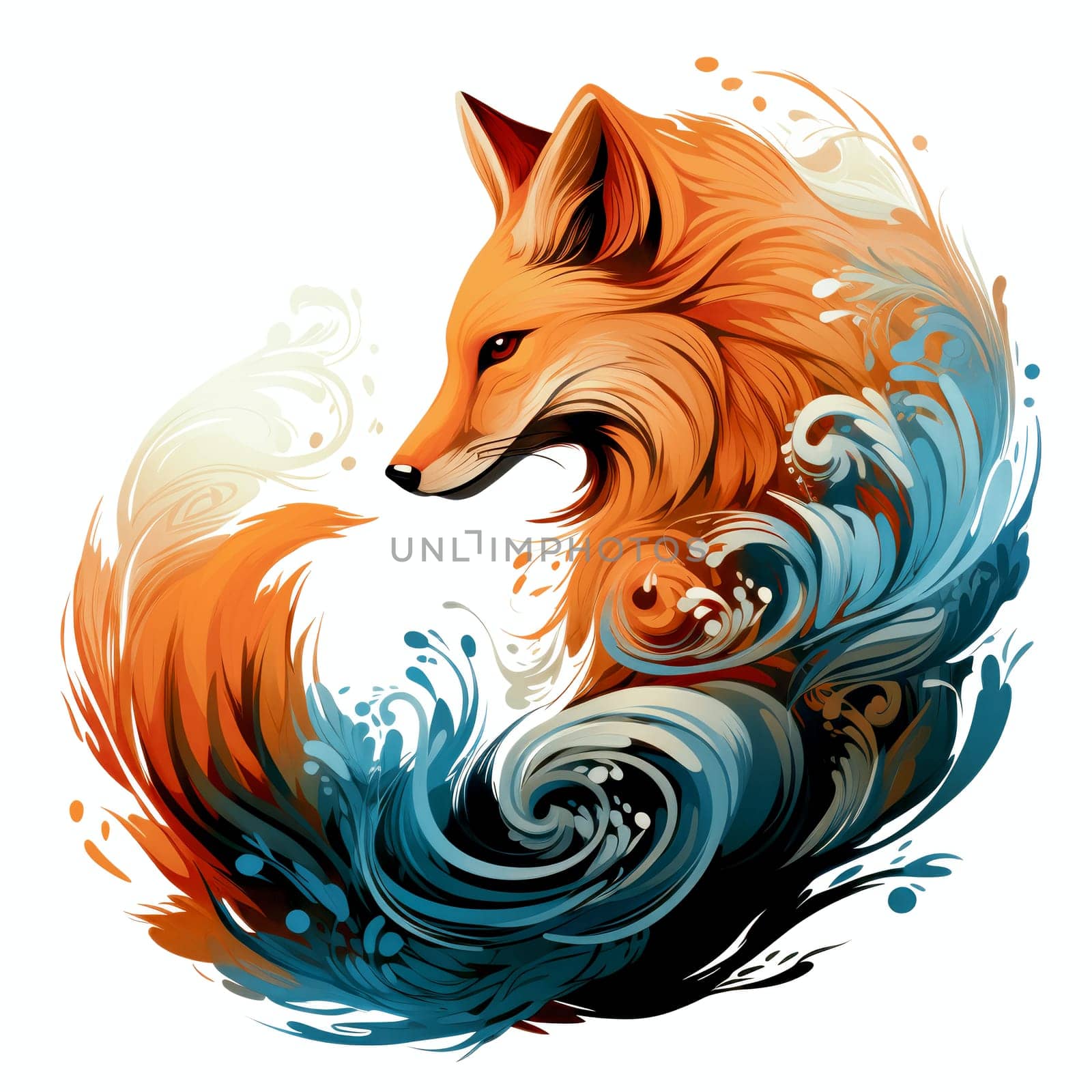 Decorative art style image of fox isolated on white background as a graphic design element for poster, t-shirt print, sticker, logo, etc.