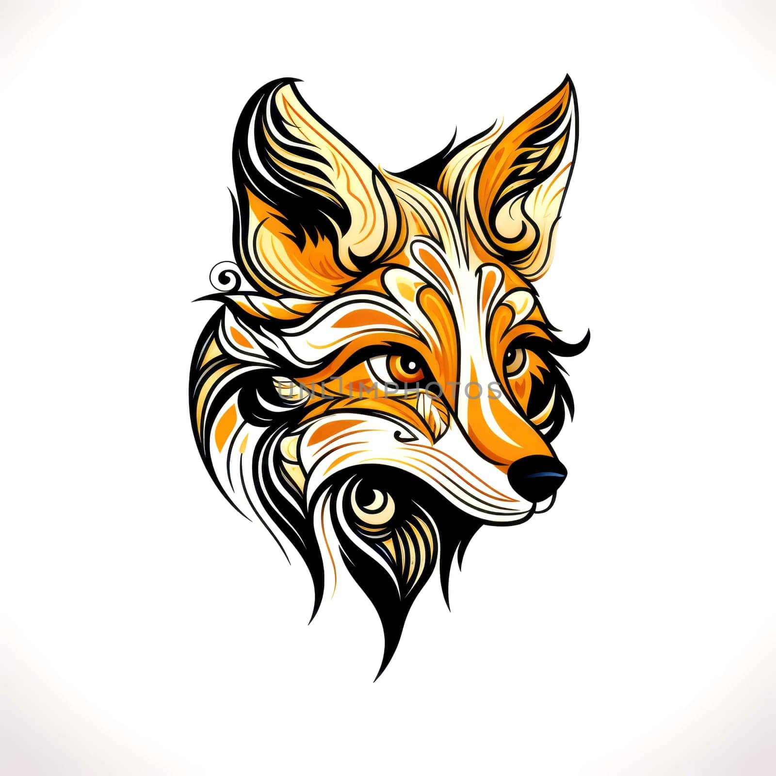 Decorative art style image of fox isolated on white background as a graphic design element for poster, t-shirt print, sticker, logo, etc.