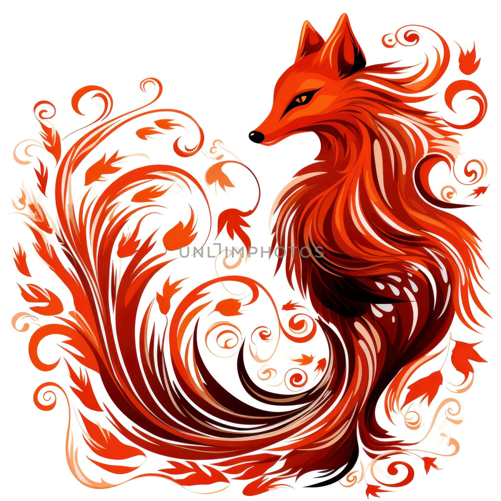 Decorative art style image of fox isolated on white background as a graphic design element for poster, t-shirt print, sticker, logo, etc.