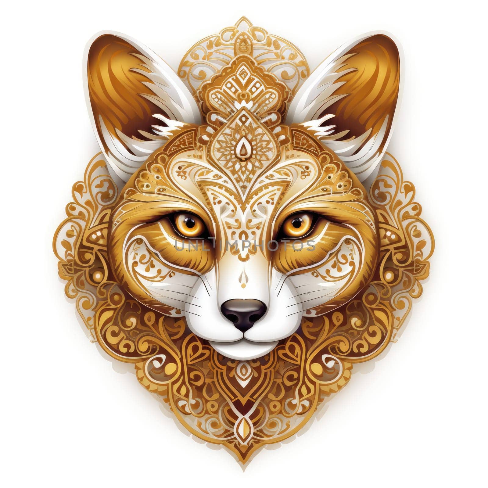 Decorative art style image of fox isolated on white background as a graphic design element for poster, t-shirt print, sticker, logo, etc.