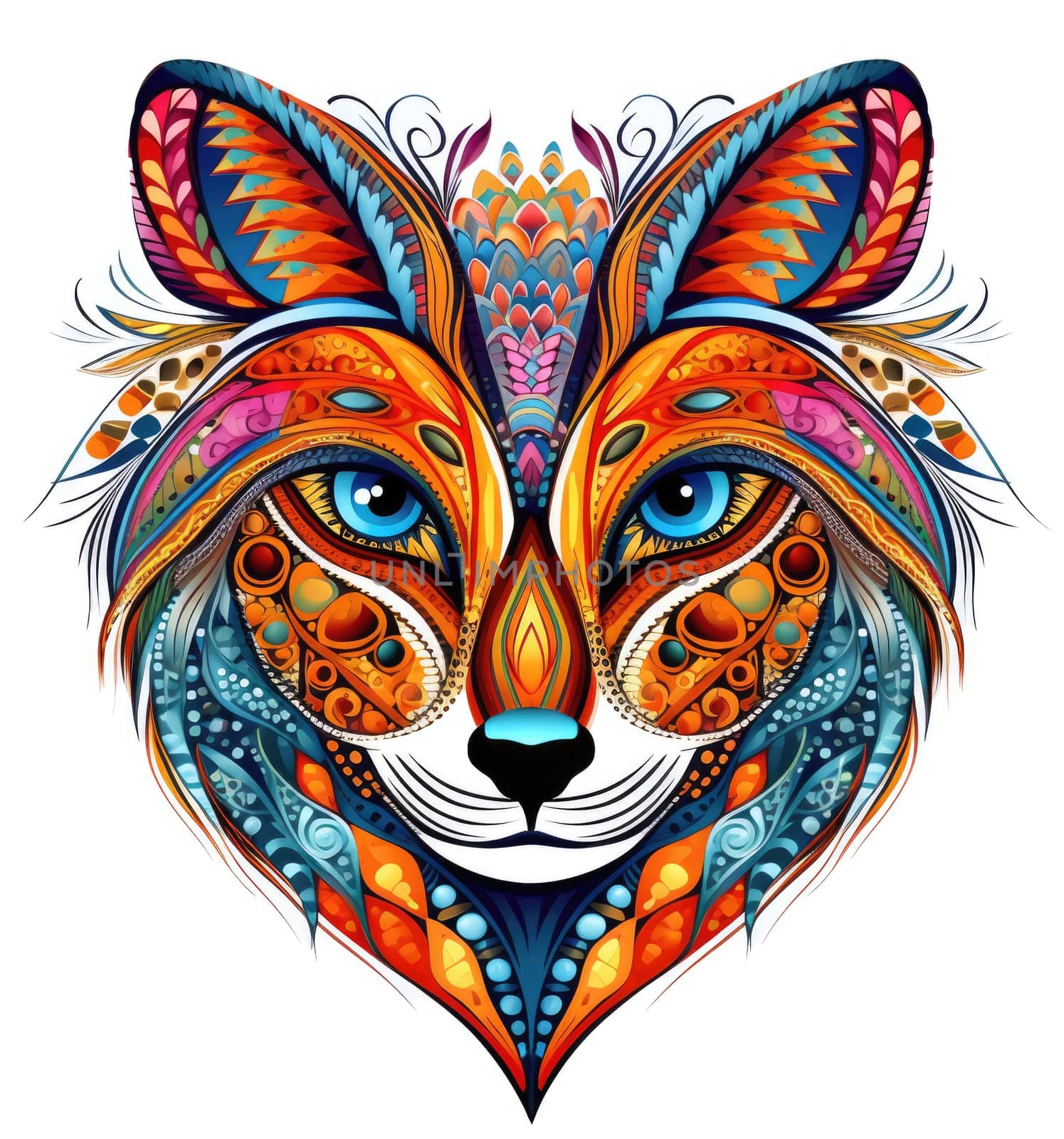 Decorative art style image of fox isolated on white background as a graphic design element for poster, t-shirt print, sticker, logo, etc.