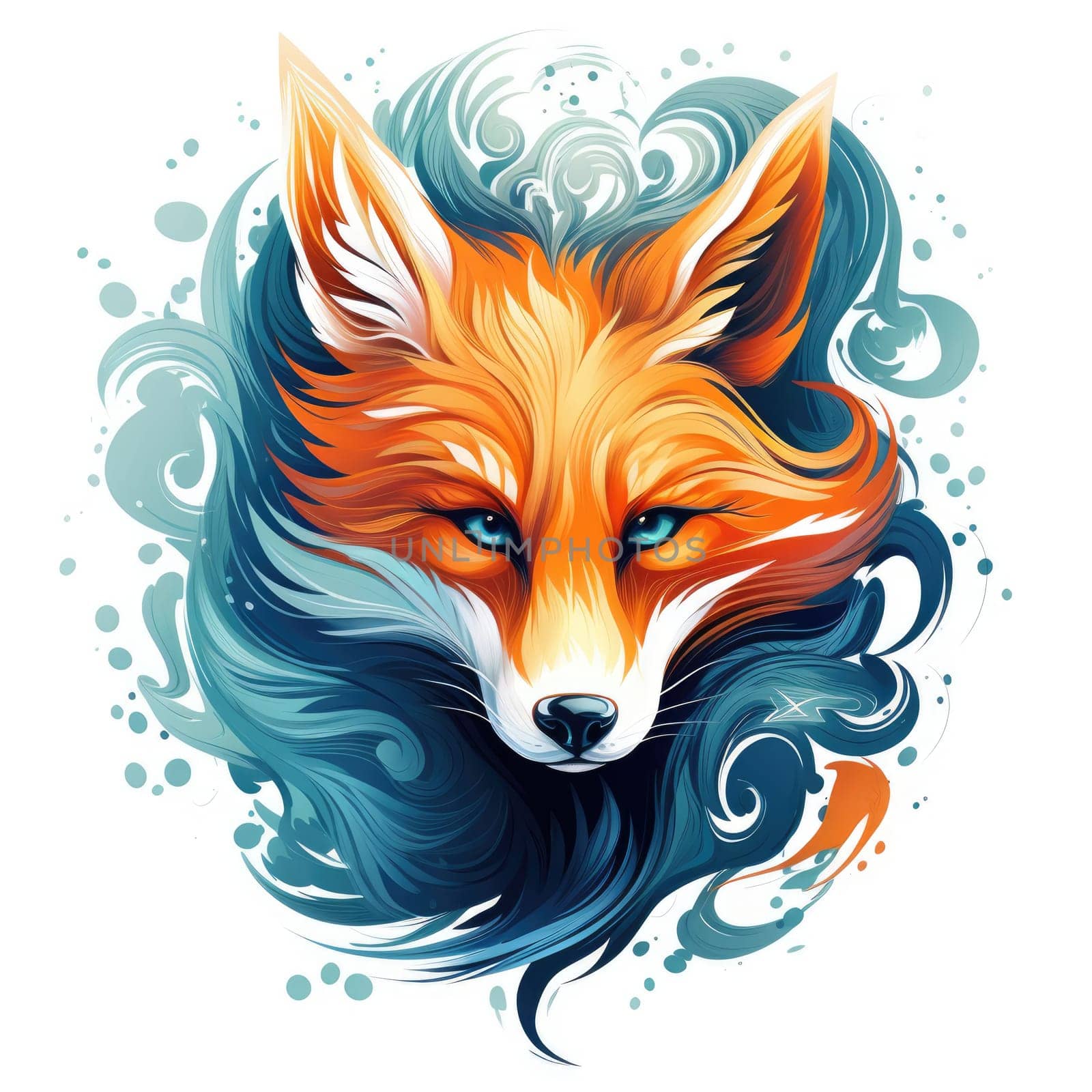 Decorative art style image of fox isolated on white background as a graphic design element for poster, t-shirt print, sticker, logo, etc.