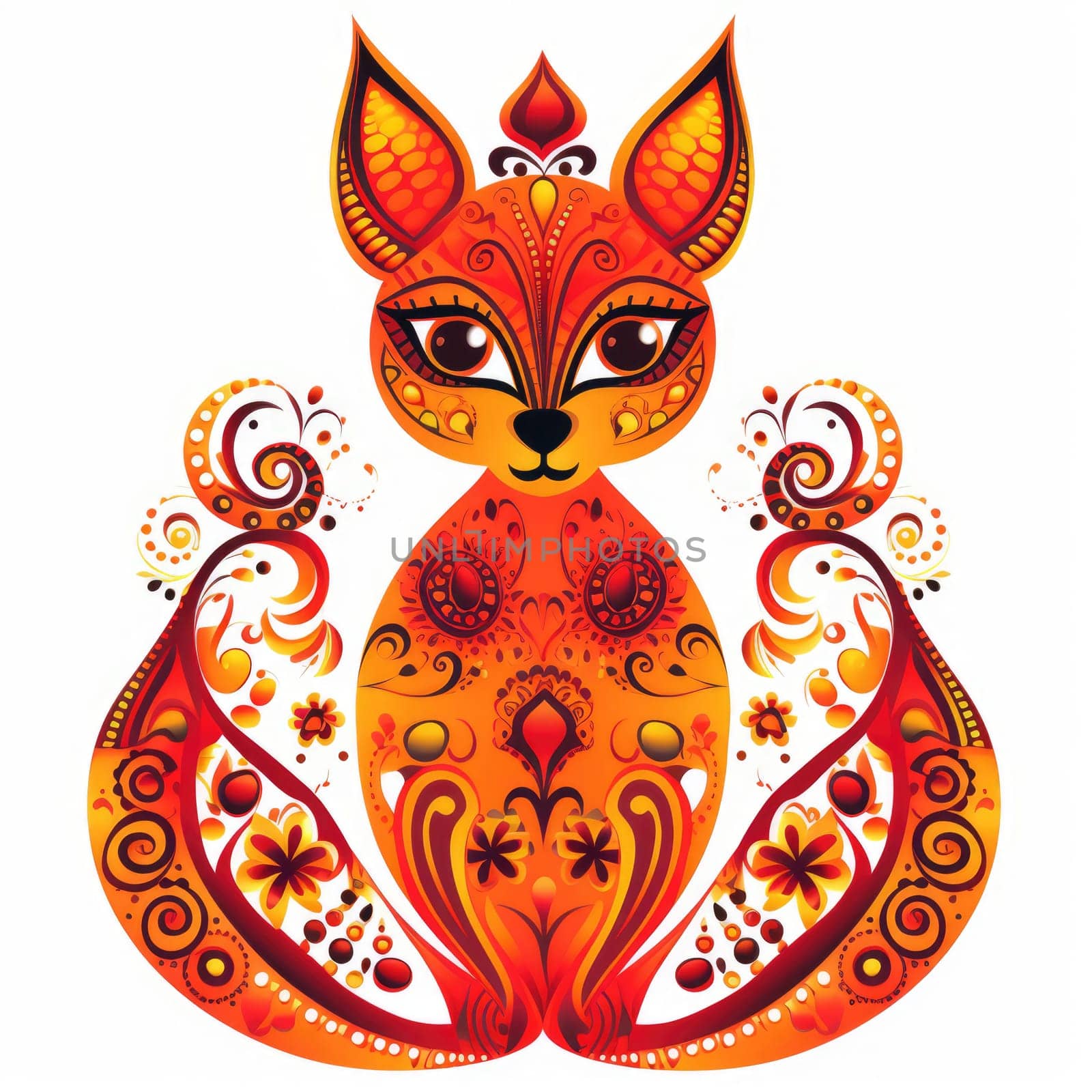 Decorative art style image of fox isolated on white background as a graphic design element for poster, t-shirt print, sticker, logo, etc.