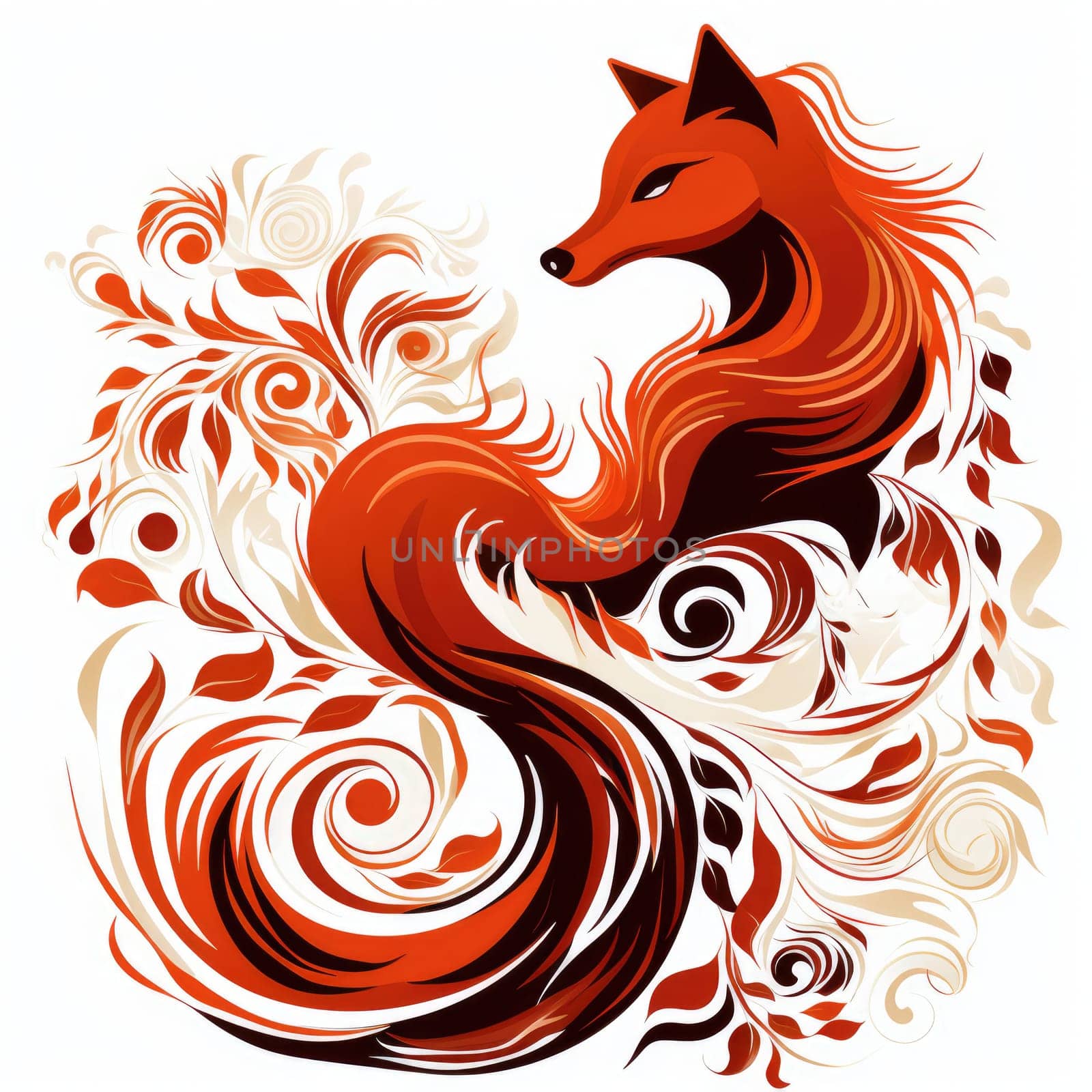 Decorative art style image of fox isolated on white background as a graphic design element for poster, t-shirt print, sticker, logo, etc.