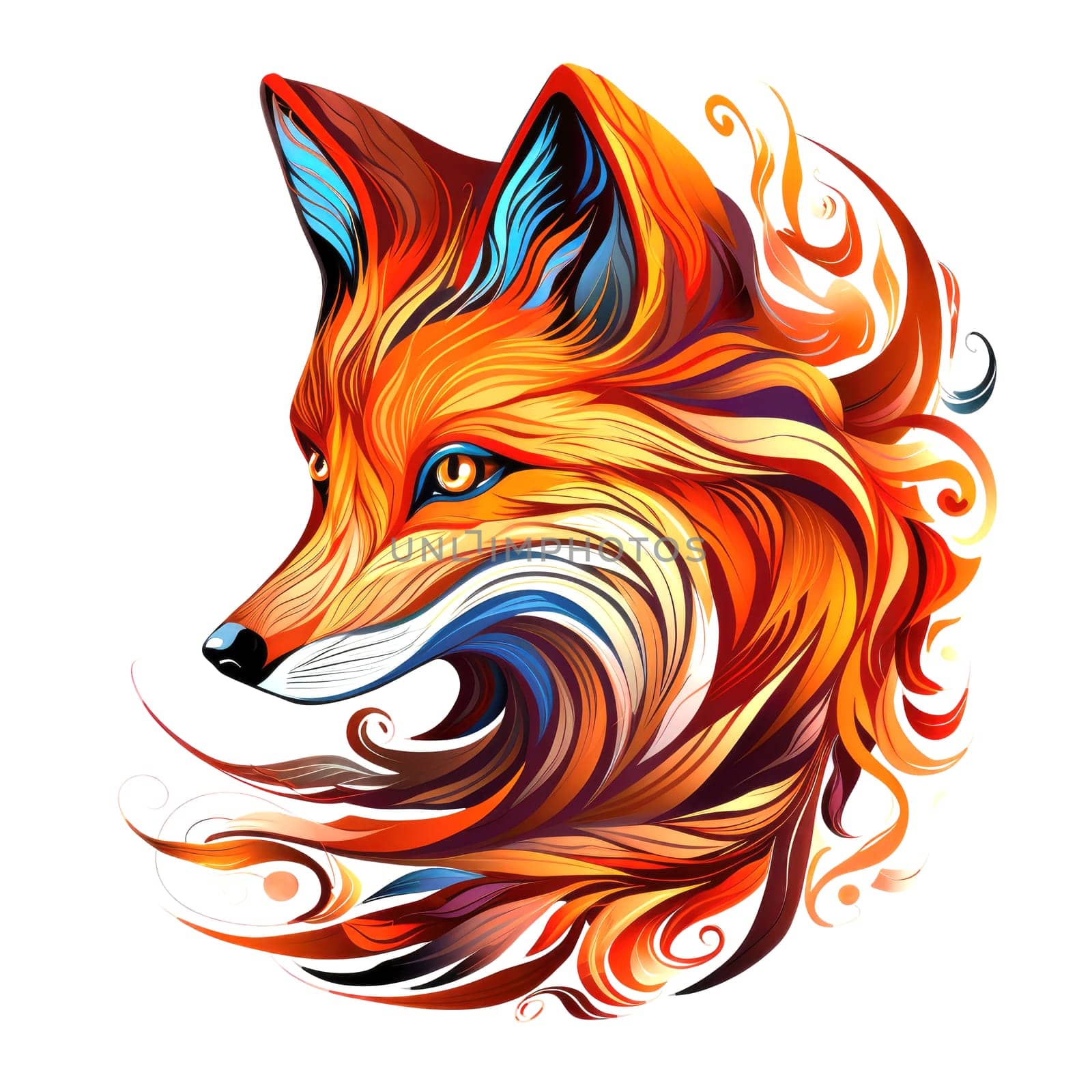 Decorative art style image of fox isolated on white background as a graphic design element for poster, t-shirt print, sticker, logo, etc.