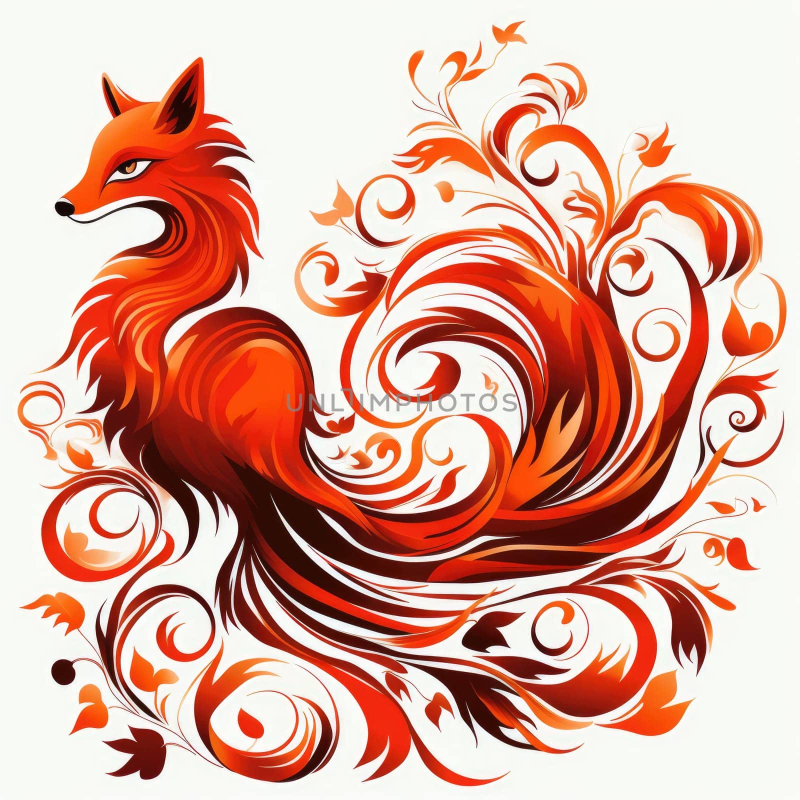 Decorative art style image of fox isolated on white background as a graphic design element for poster, t-shirt print, sticker, logo, etc.