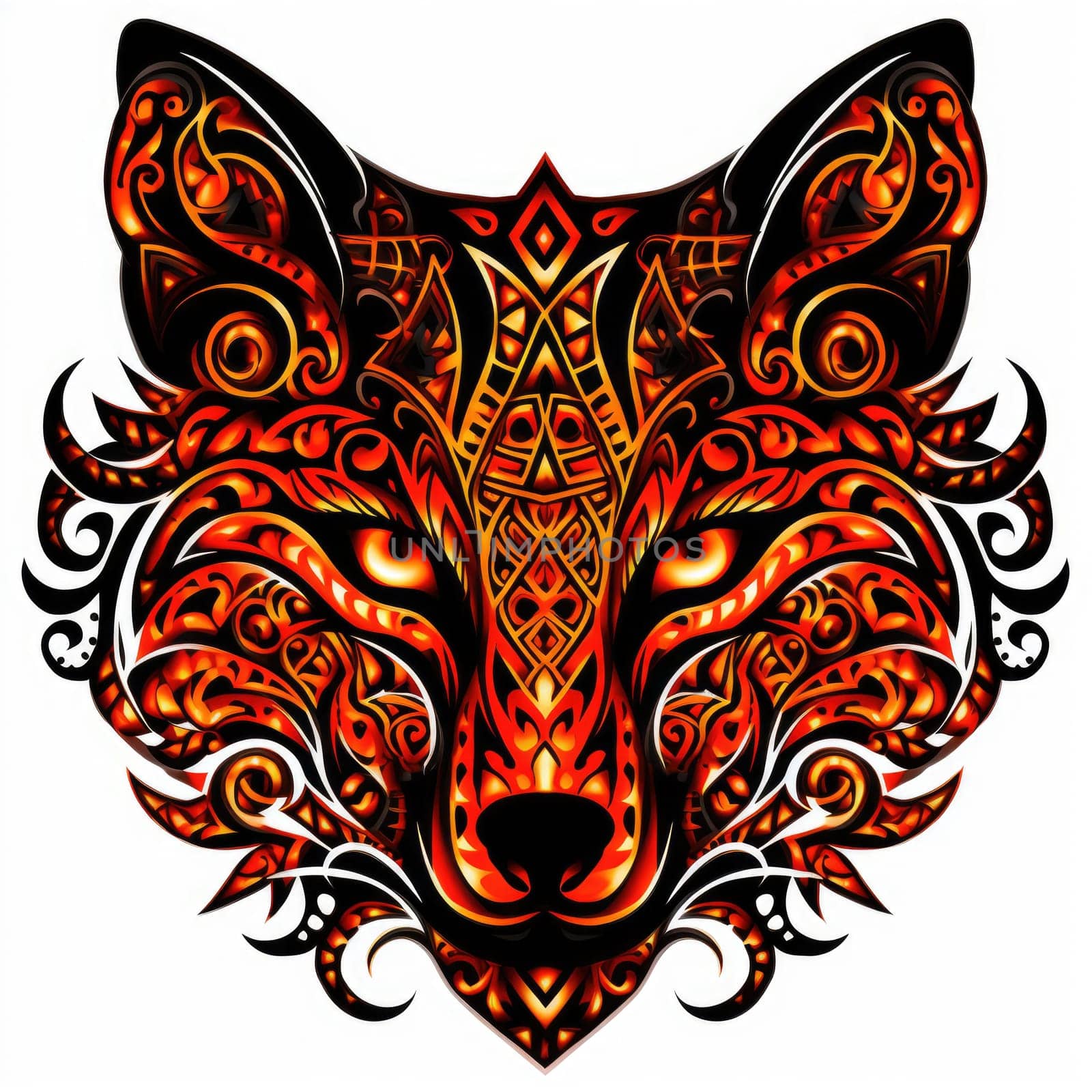 Decorative art style image of fox isolated on white background as a graphic design element for poster, t-shirt print, sticker, logo, etc.