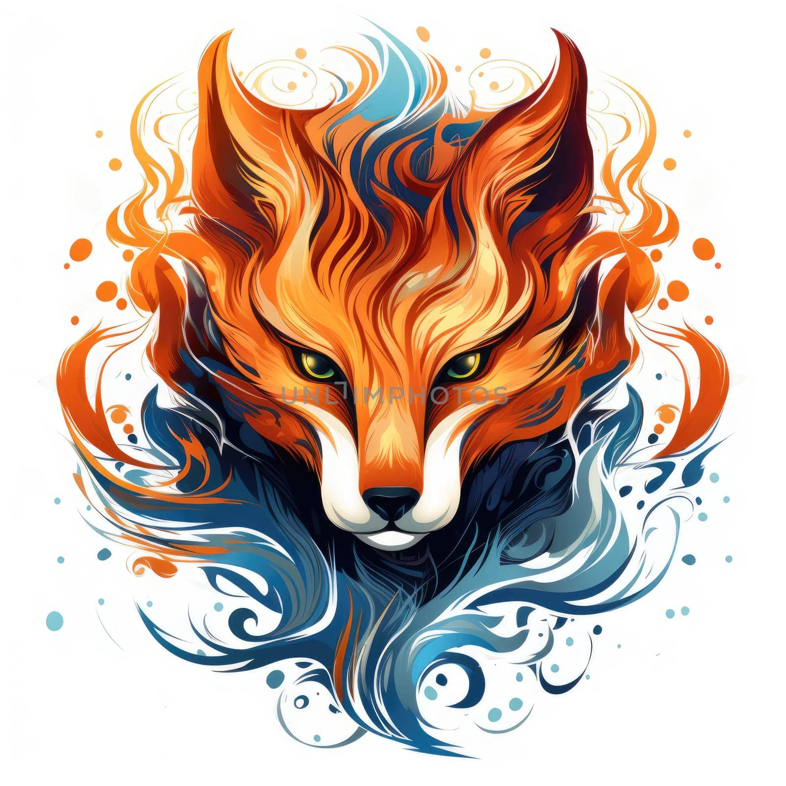 Decorative art style image of fox isolated on white background as a graphic design element for poster, t-shirt print, sticker, logo, etc.