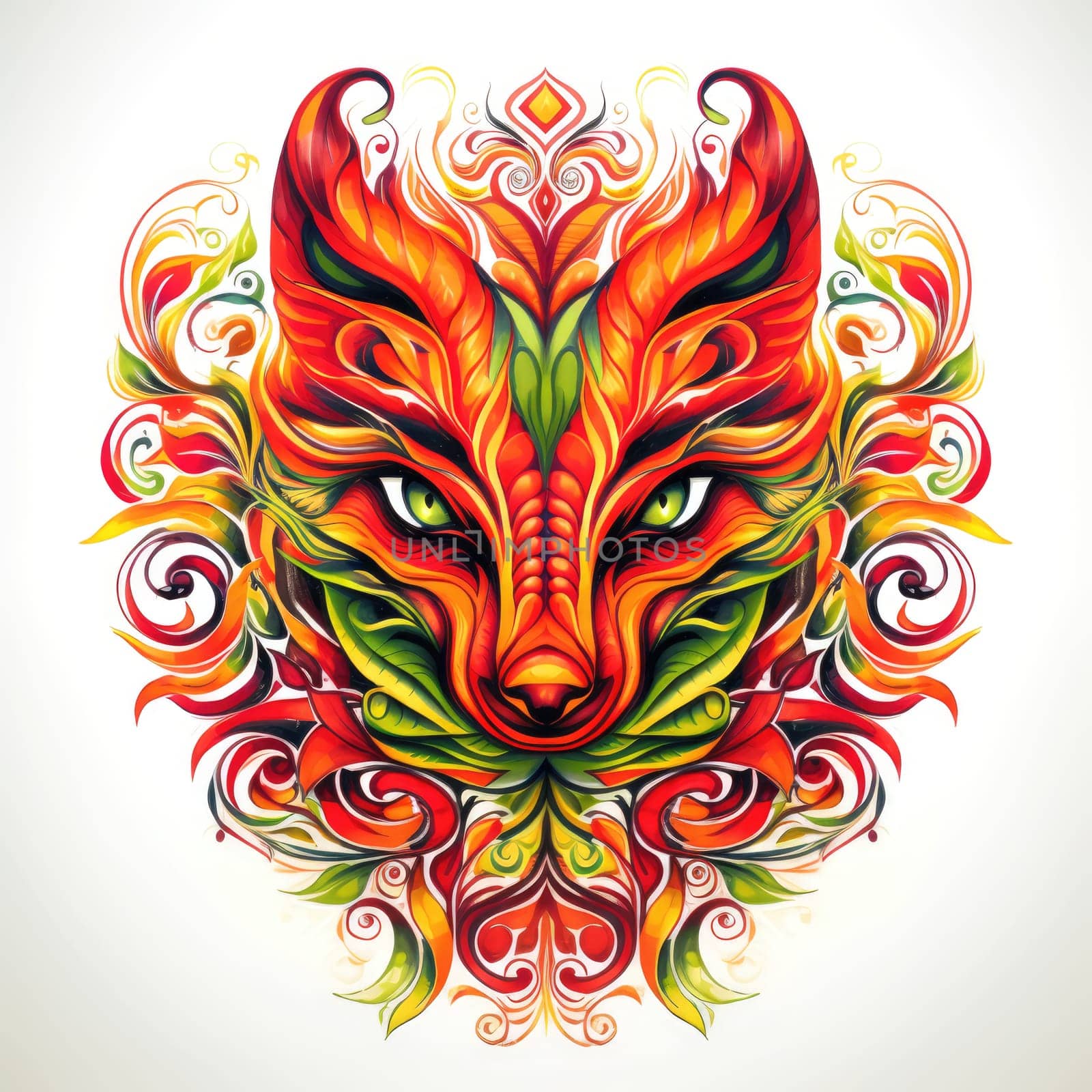 Decorative art style image of fox isolated on white background as a graphic design element for poster, t-shirt print, sticker, logo, etc.