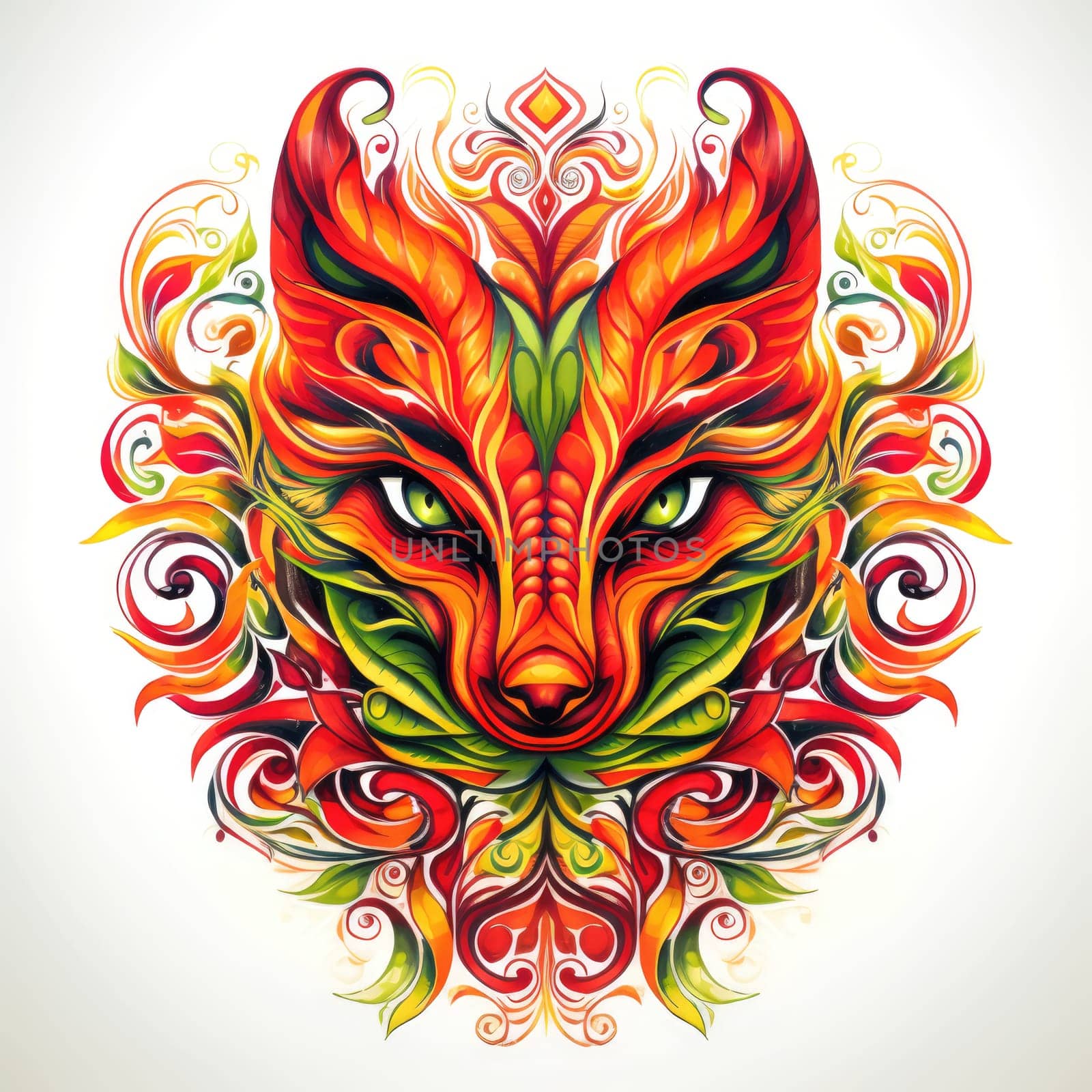 Decorative art style image of fox isolated on white background as a graphic design element for poster, t-shirt print, sticker, logo, etc.