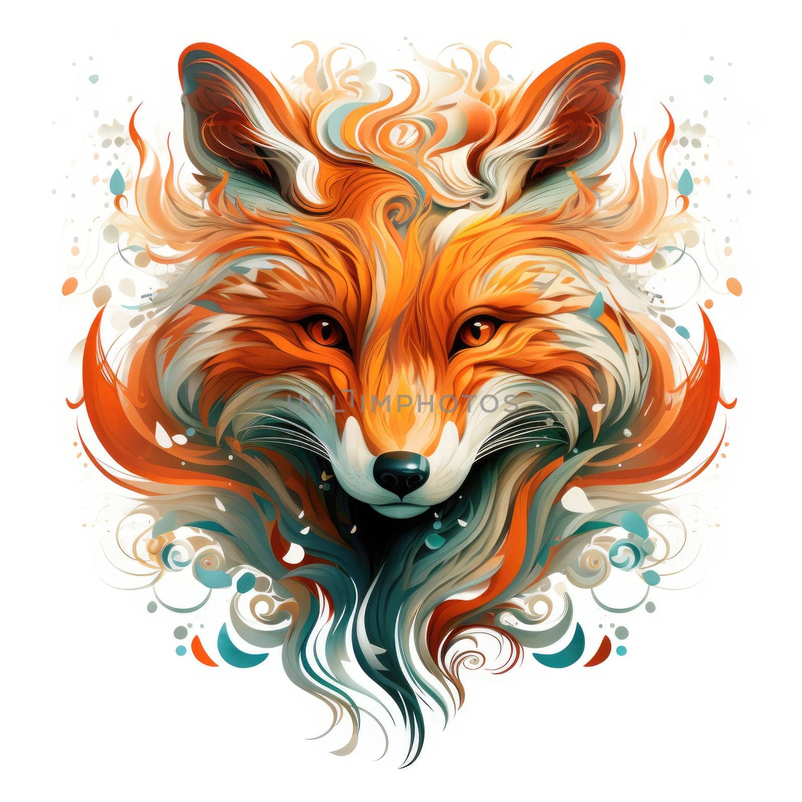 Decorative art style image of fox isolated on white background as a graphic design element for poster, t-shirt print, sticker, logo, etc.