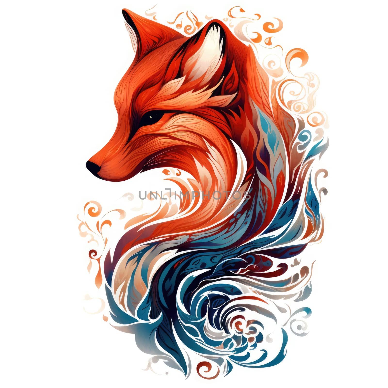 Decorative art style image of fox isolated on white background as a graphic design element for poster, t-shirt print, sticker, logo, etc.