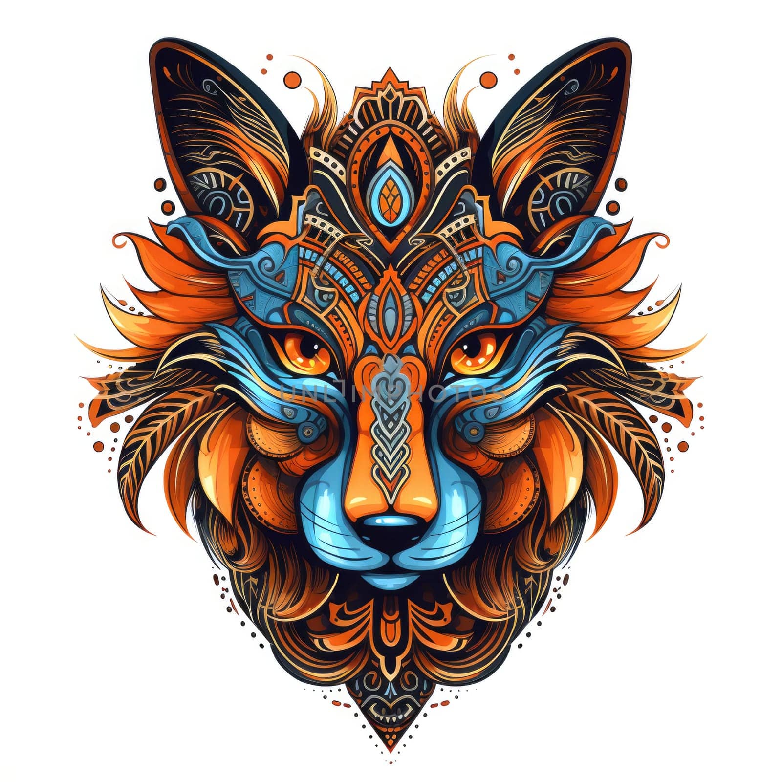 Decorative art style image of fox isolated on white background as a graphic design element for poster, t-shirt print, sticker, logo, etc.