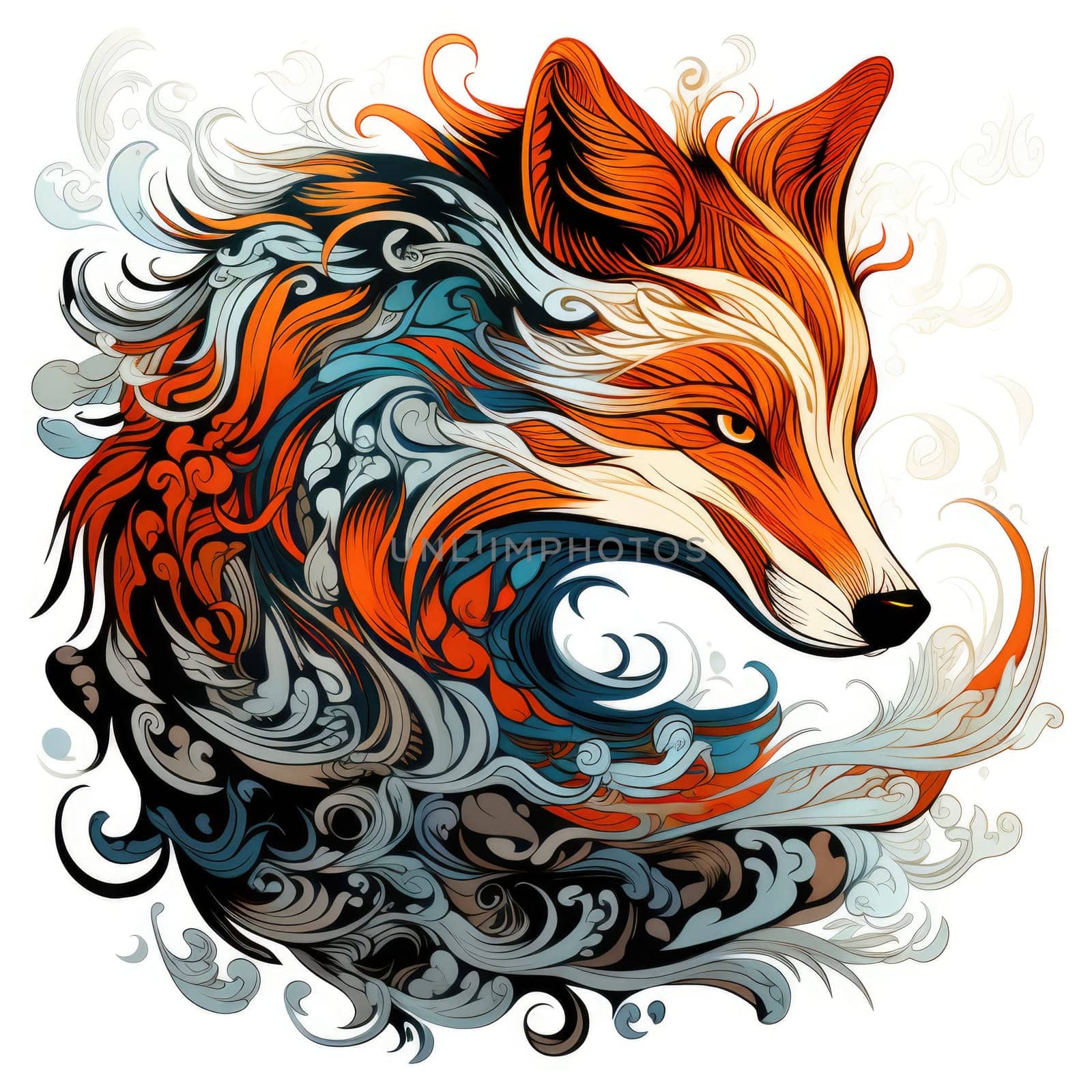 Decorative art style image of fox isolated on white background as a graphic design element for poster, t-shirt print, sticker, logo, etc.