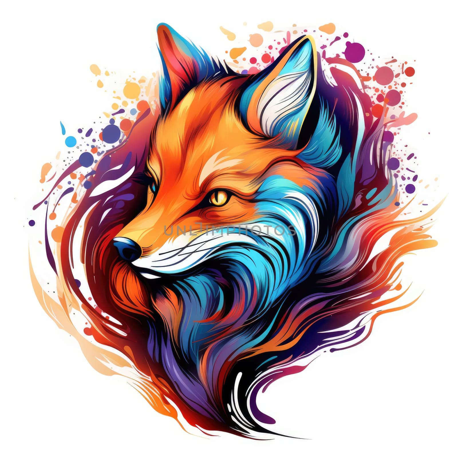 Decorative art style image of fox isolated on white background as a graphic design element for poster, t-shirt print, sticker, logo, etc.