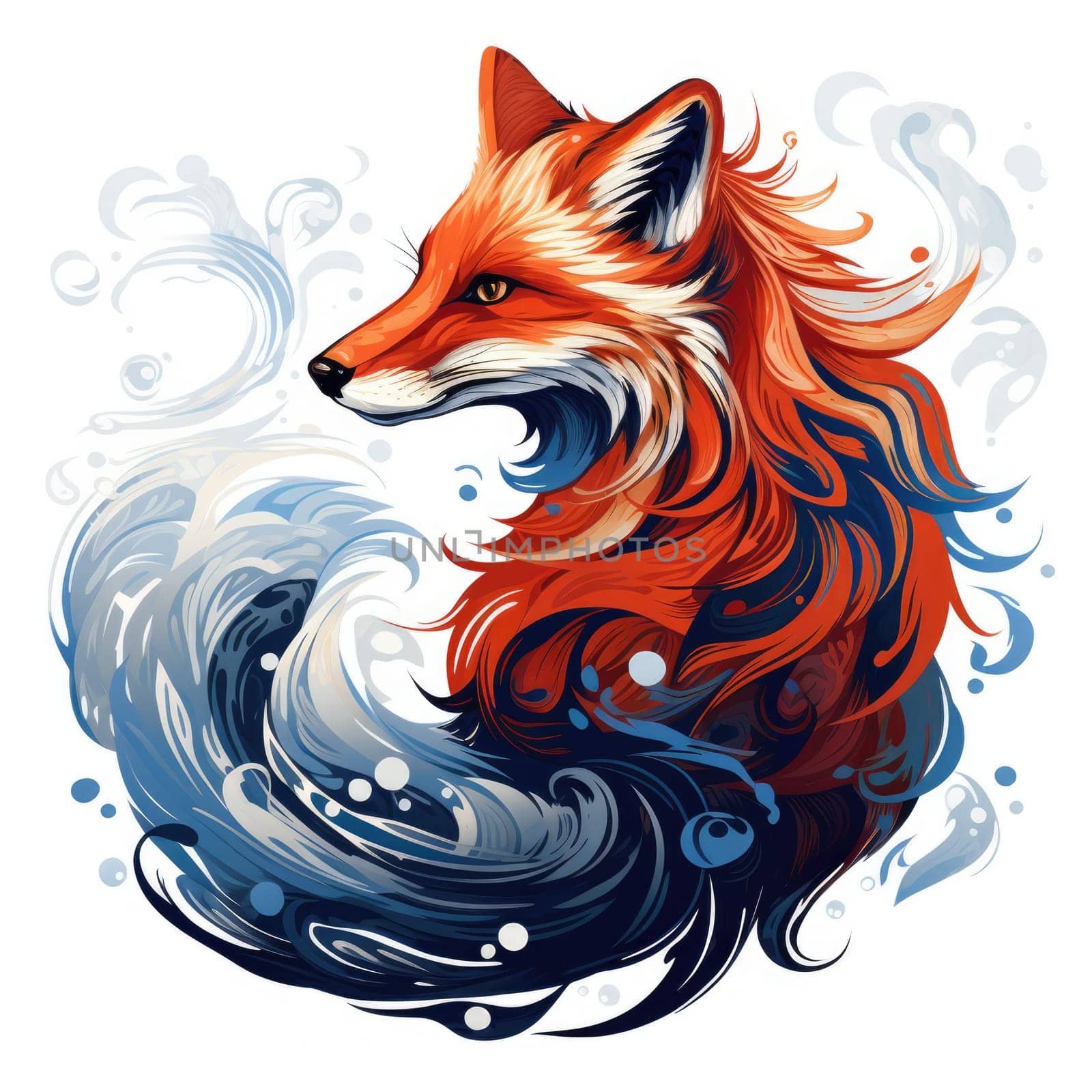 Decorative art style image of fox isolated on white background as a graphic design element for poster, t-shirt print, sticker, logo, etc.