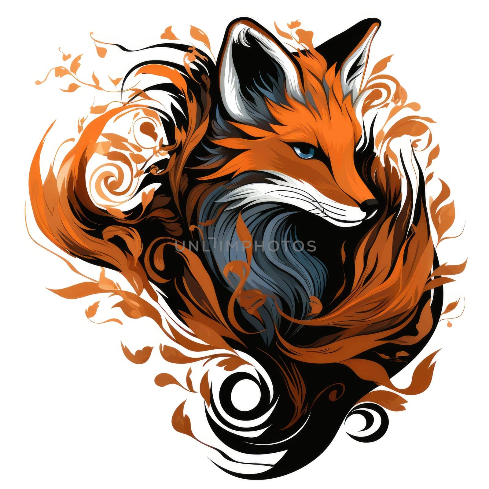 Decorative art style image of fox isolated on white background as a graphic design element for poster, t-shirt print, sticker, logo, etc.