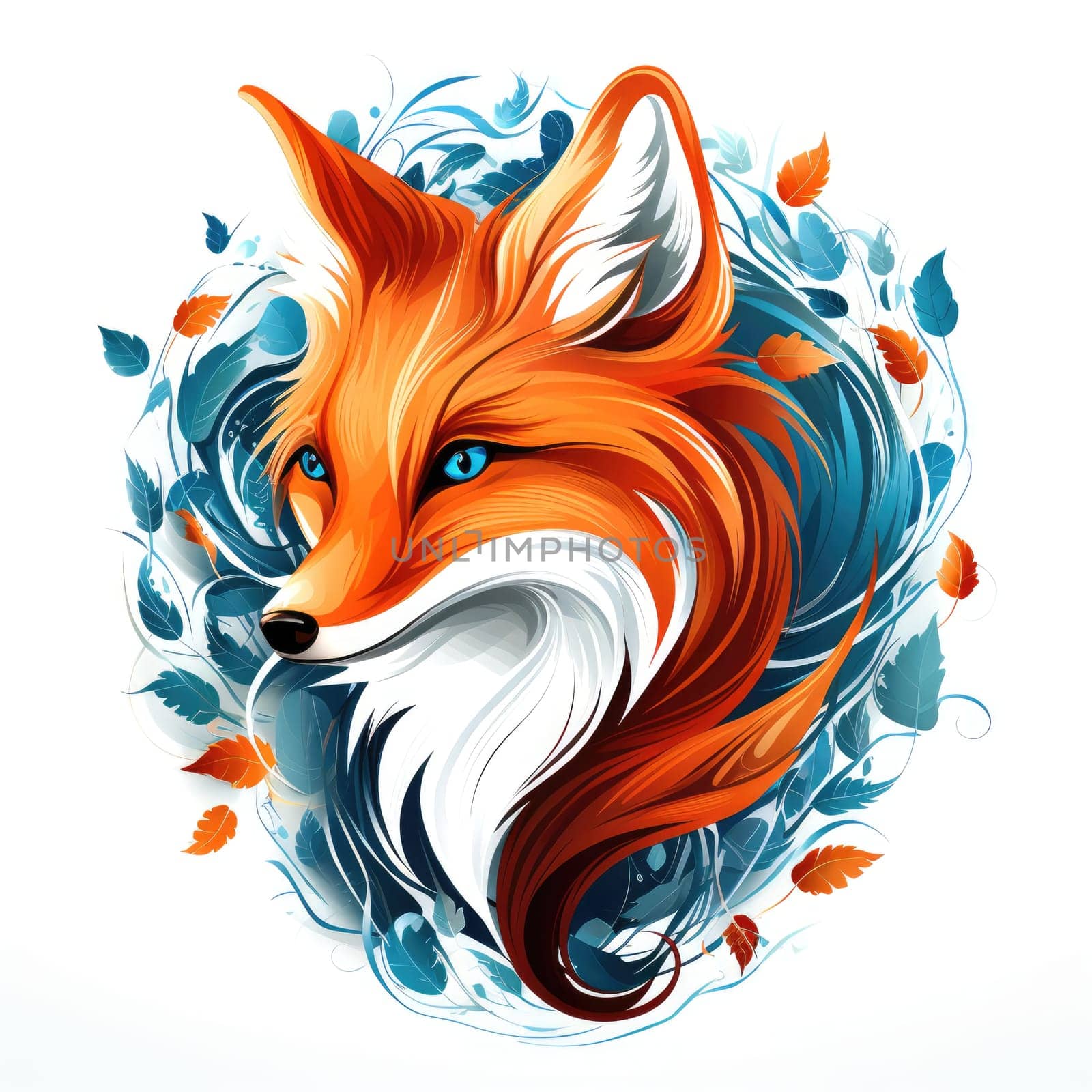 Decorative art style image of fox isolated on white background as a graphic design element for poster, t-shirt print, sticker, logo, etc.