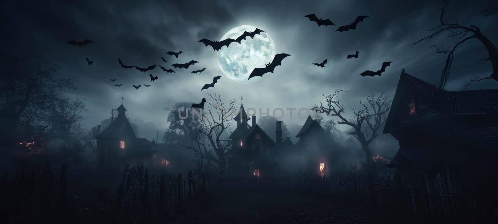 Gothic Village with Bats under Full Moon by andreyz