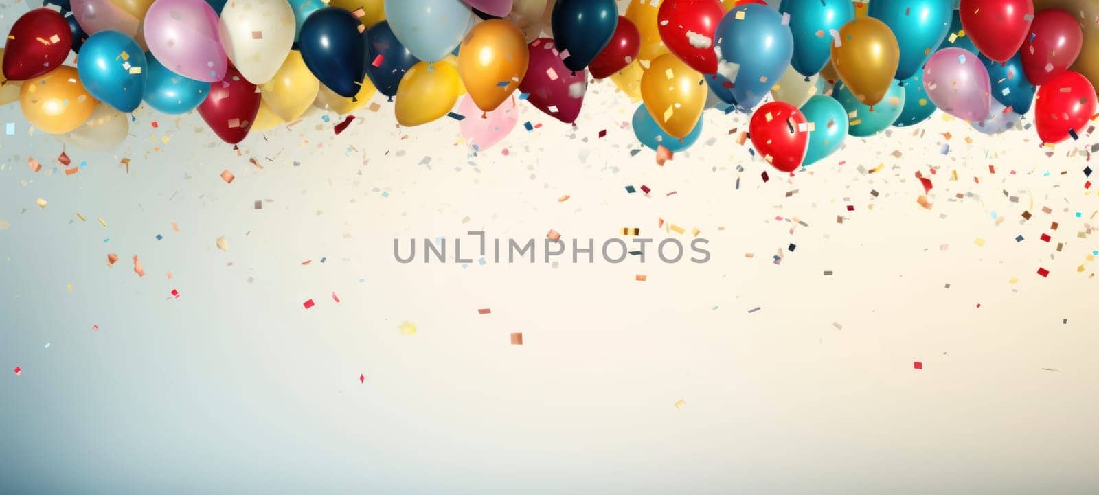 A cascade of multicolored balloons and confetti creates a vibrant atmosphere for a festive celebration.