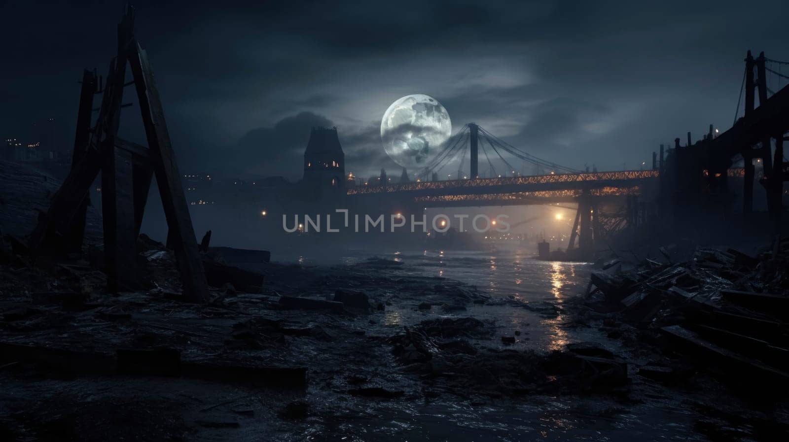 Eerie night scene with full moon over a dilapidated bridge and city ruins