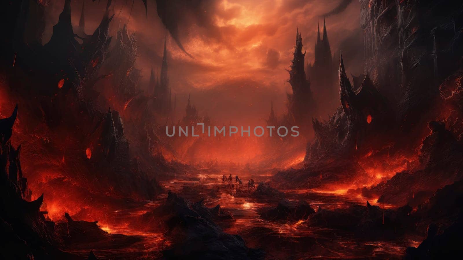 Digital artwork of a dark fantasy landscape, with lava flows and silhouettes of warriors, evoking a dystopian realm.
