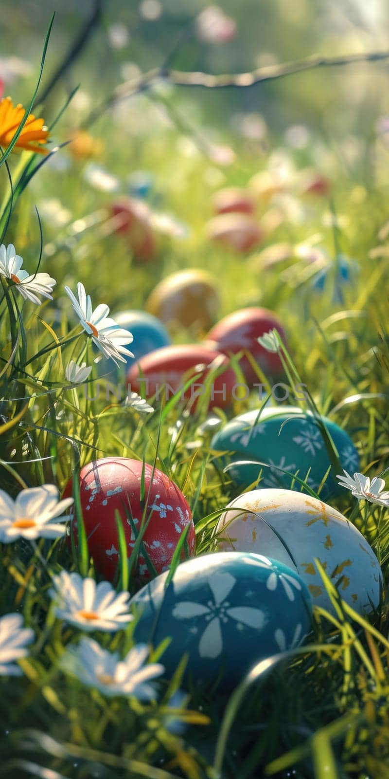 Colorful Easter eggs nestled in the grass, surrounded by fresh spring flowers, capturing the joy of an Easter egg hunt.