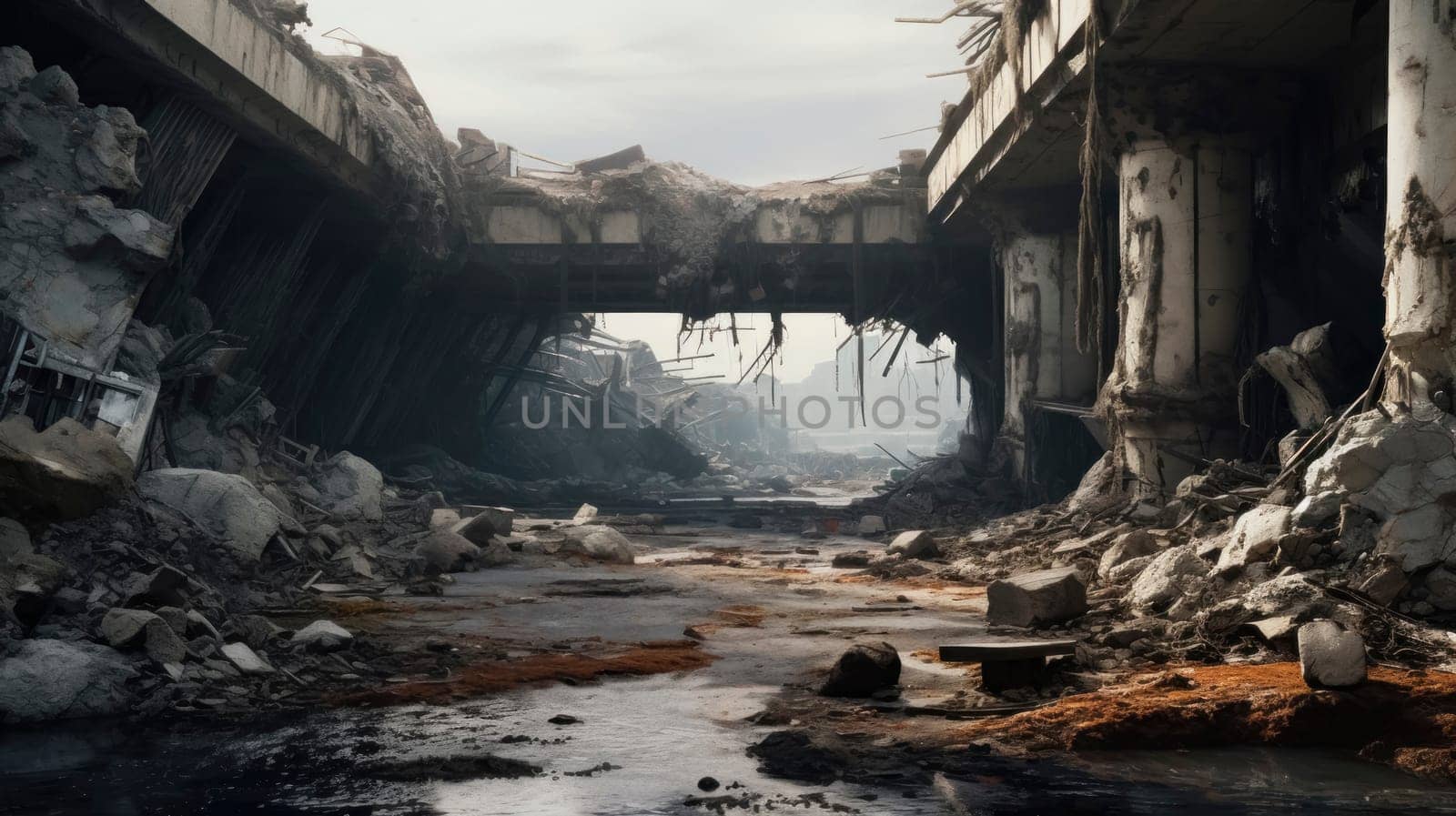 A desolate urban landscape depicting the aftermath of a catastrophe, with collapsed structures and debris.