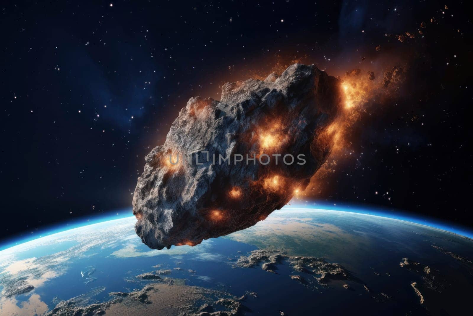 A massive fiery asteroid nears Earth against a starry sky, representing potential danger or a science fiction scenario.
