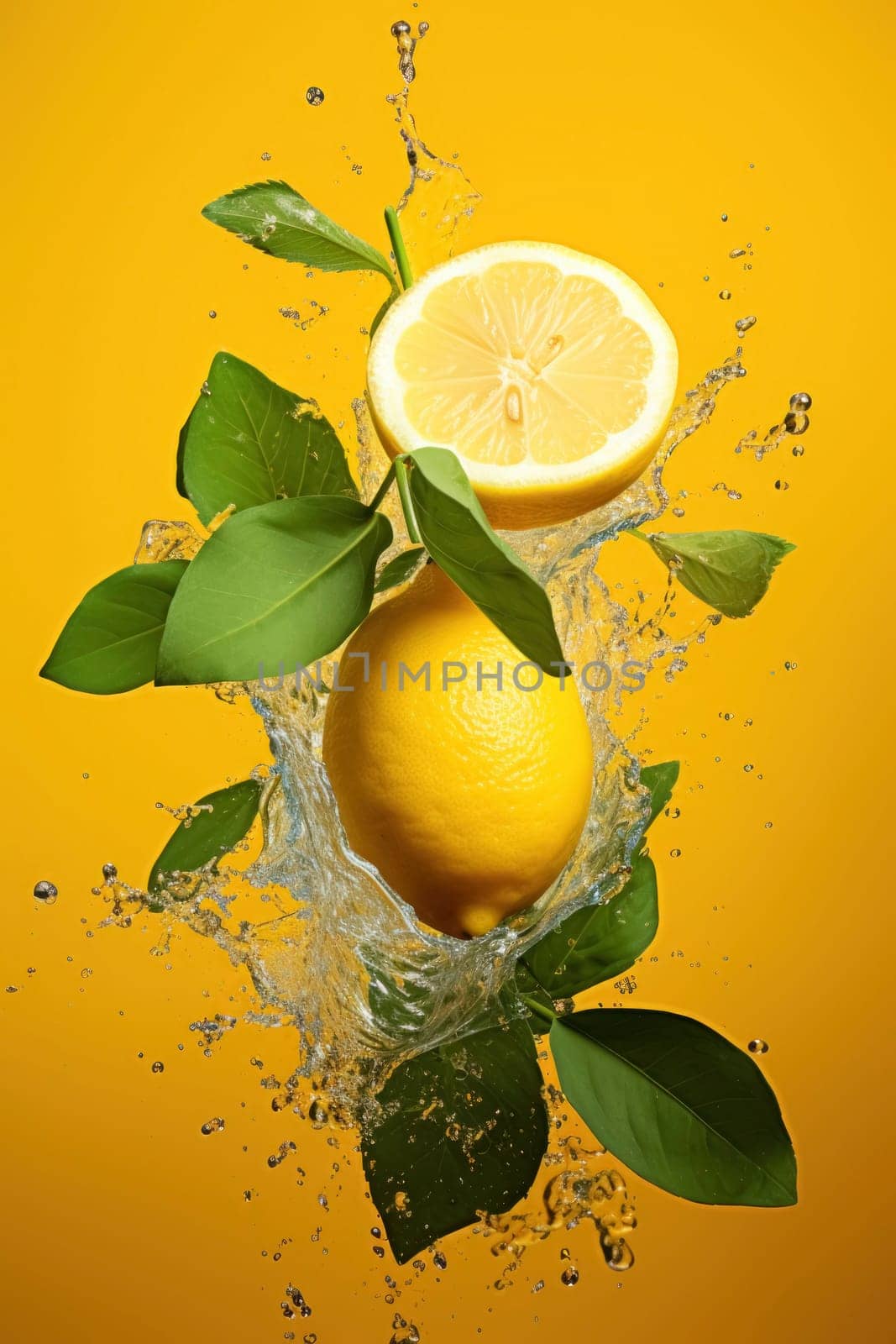 A fresh lemon with green leaves splashing in water on a bright yellow background, depicting vitality and freshness.