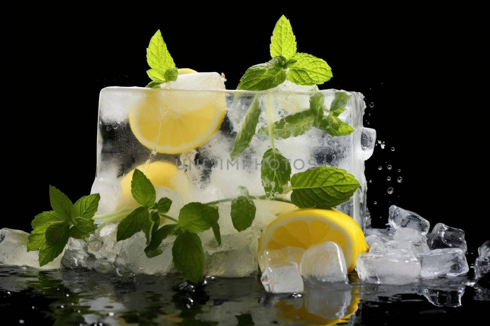 Lemon slices and mint in ice, with fresh leaves and water drops