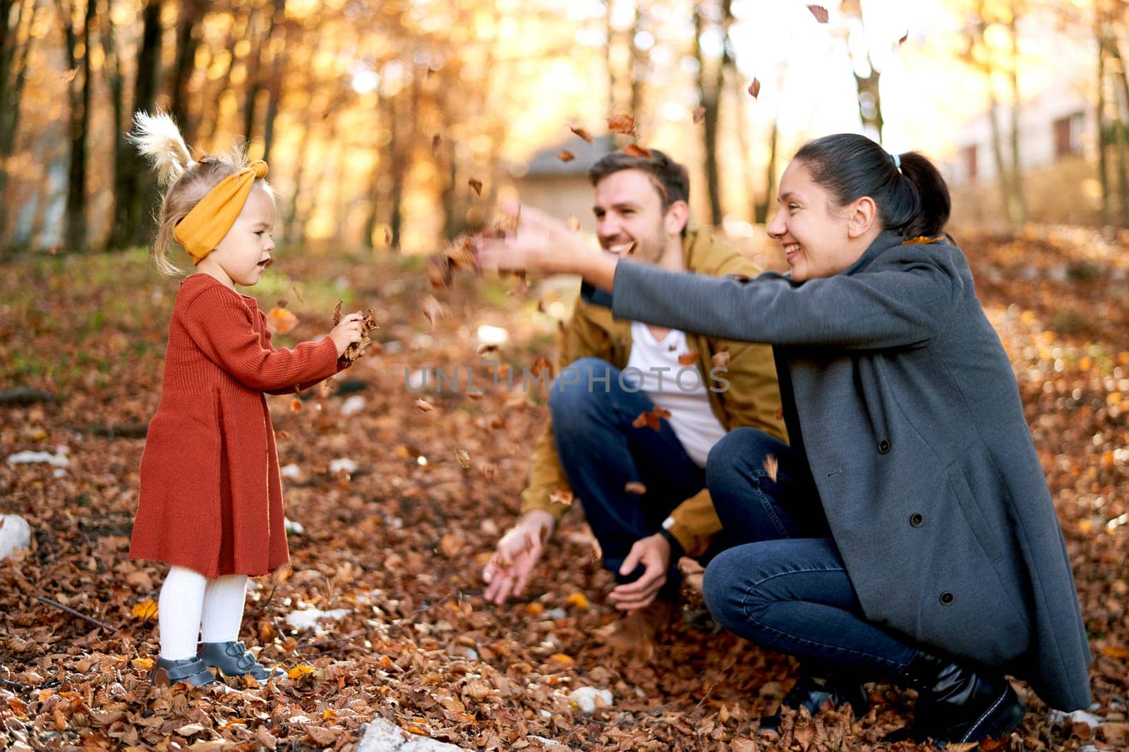Smiling mom and dad throw dry leaves up, and a little girl catches them in the autumn forest. High quality photo