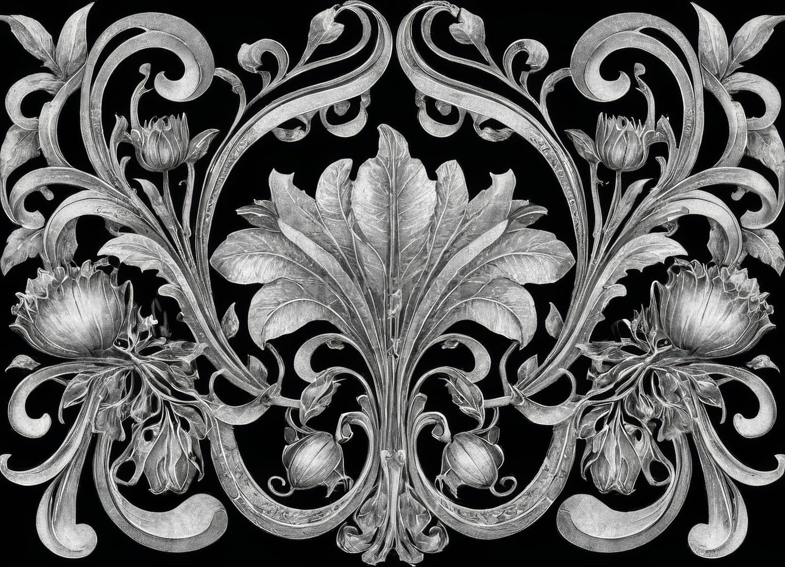 A captivating artwork featuring a symmetrical display of lush green vines intertwined with blooming flowers and hanging fruits. The classical design exudes an aura of natural elegance and vintage charm. Ideal for enhancing the aesthetic appeal of any space.
