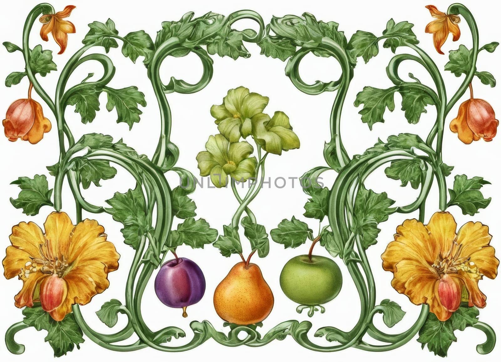 A captivating artwork featuring a symmetrical display of lush green vines intertwined with blooming flowers and hanging fruits. The classical design exudes an aura of natural elegance and vintage charm. Ideal for enhancing the aesthetic appeal of any space.