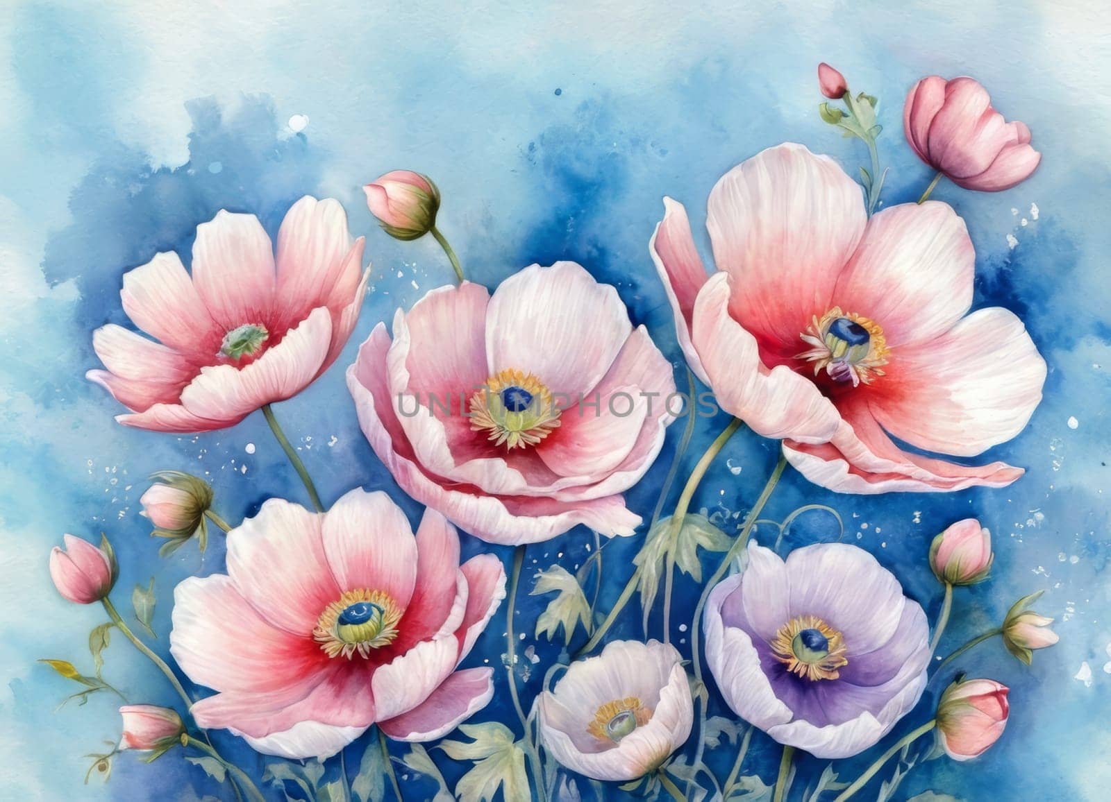 A captivating display of blooming anemones with delicate petals in soft hues against a tranquil blue backdrop. The image evokes a sense of ethereal beauty and serenity. Ideal for conveying themes of nature s elegance and spring s renewal.