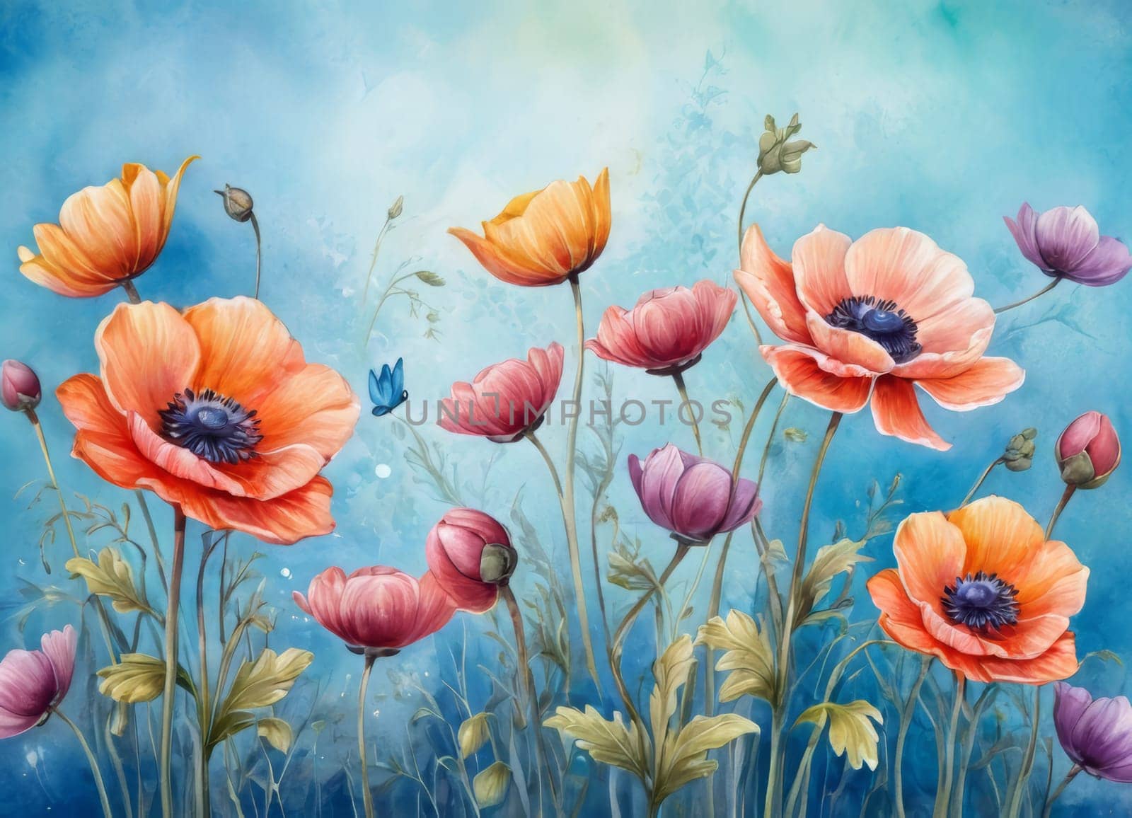 A captivating display of blooming anemones with delicate petals in soft hues against a tranquil blue backdrop. The image evokes a sense of ethereal beauty and serenity. Ideal for conveying themes of nature s elegance and spring s renewal.