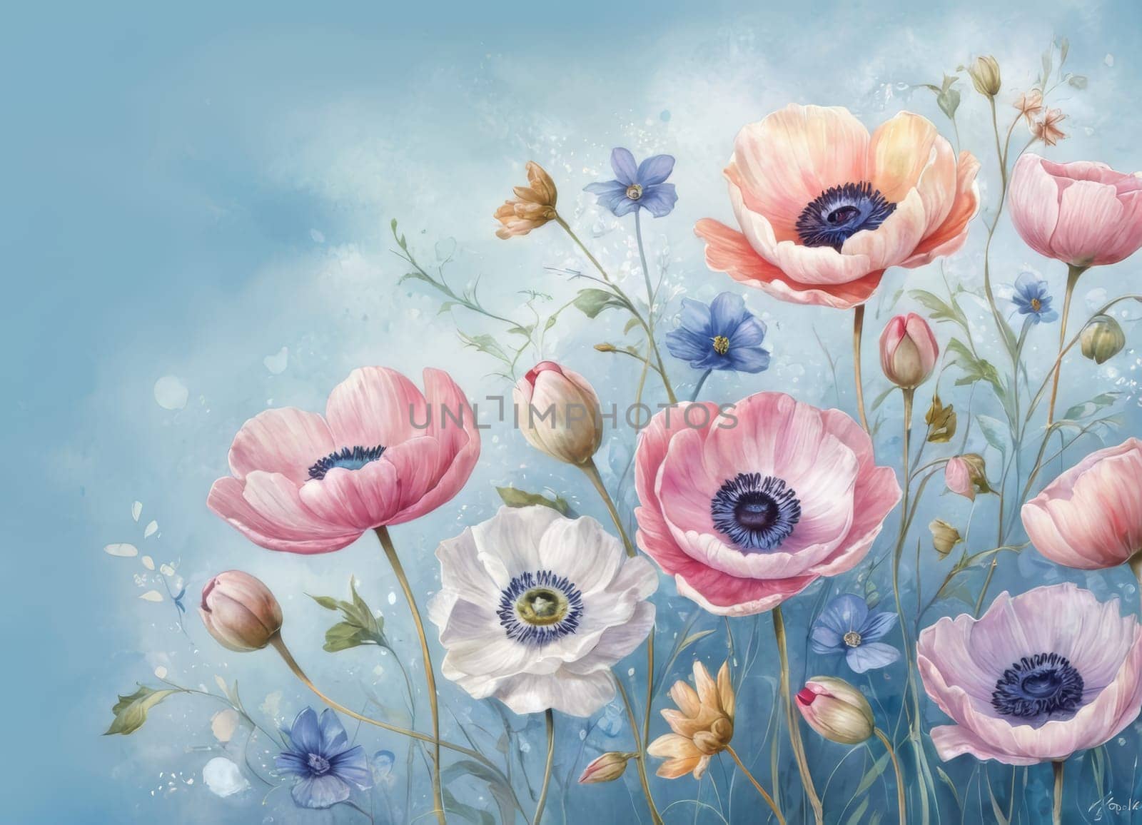 A captivating display of blooming anemones with delicate petals in soft hues against a tranquil blue backdrop. The image evokes a sense of ethereal beauty and serenity. Ideal for conveying themes of nature s elegance and spring s renewal.