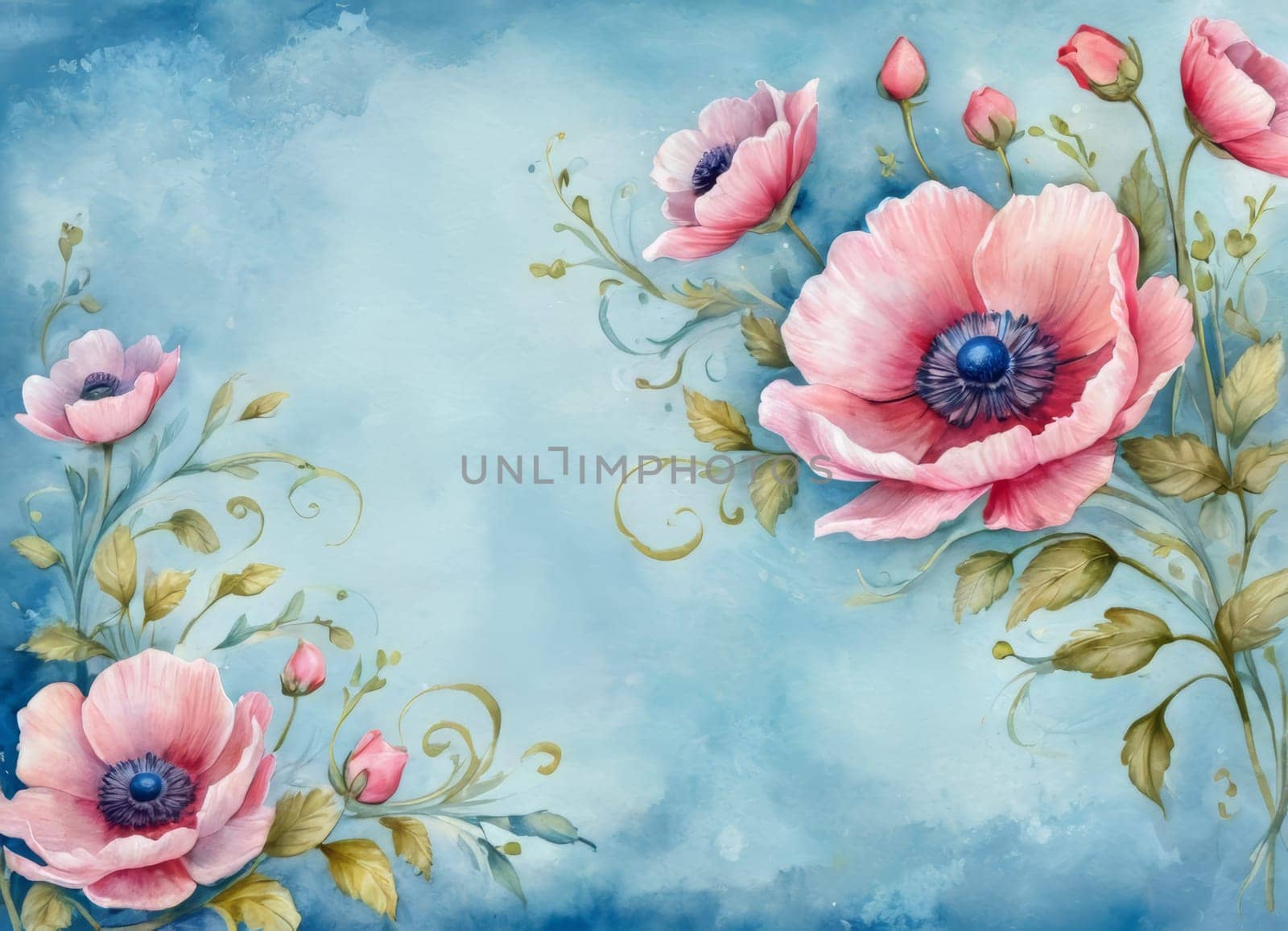 Delicate drawing of blooming poppies on a blue background by Andre1ns