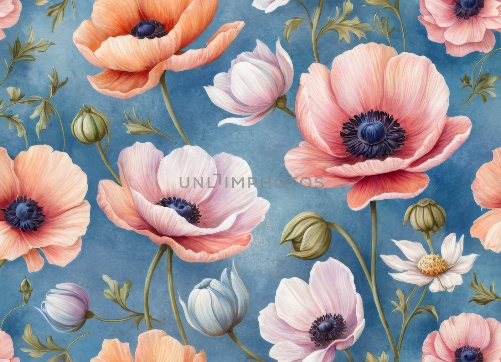 A captivating display of blooming anemones with delicate petals in soft hues against a tranquil blue backdrop. The image evokes a sense of ethereal beauty and serenity. Ideal for conveying themes of nature s elegance and spring s renewal.