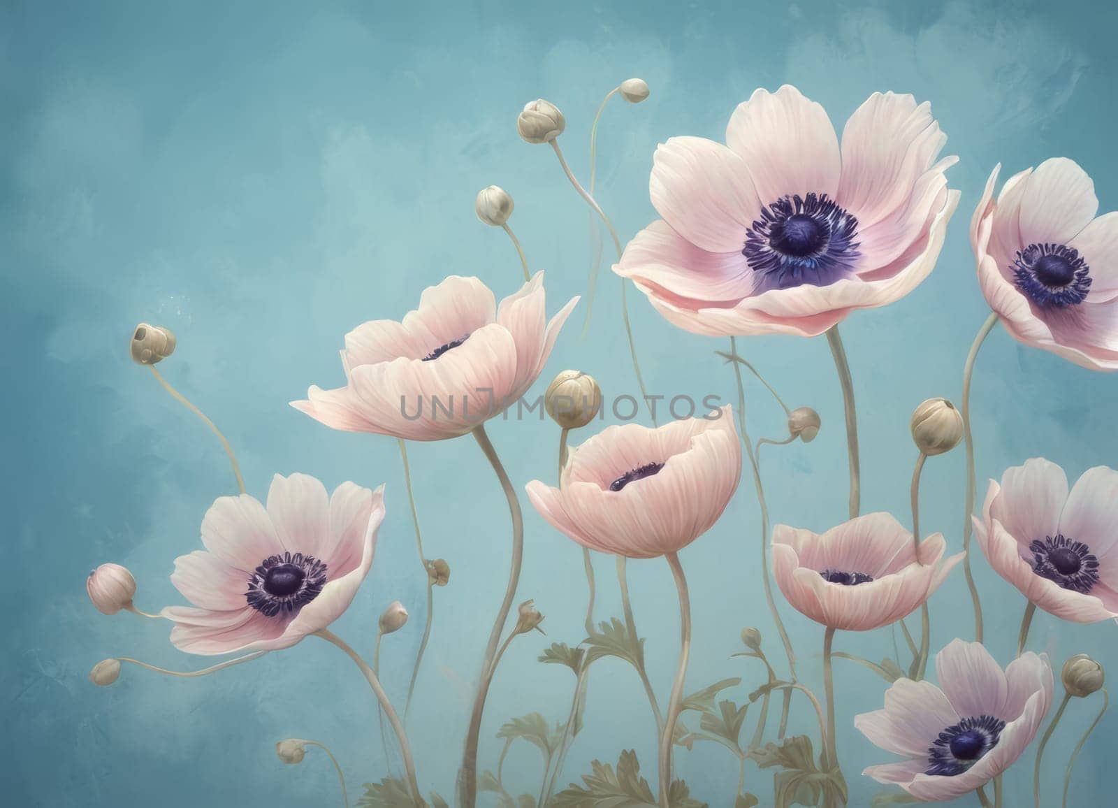 Delicate drawing of blooming poppies on a blue background by Andre1ns