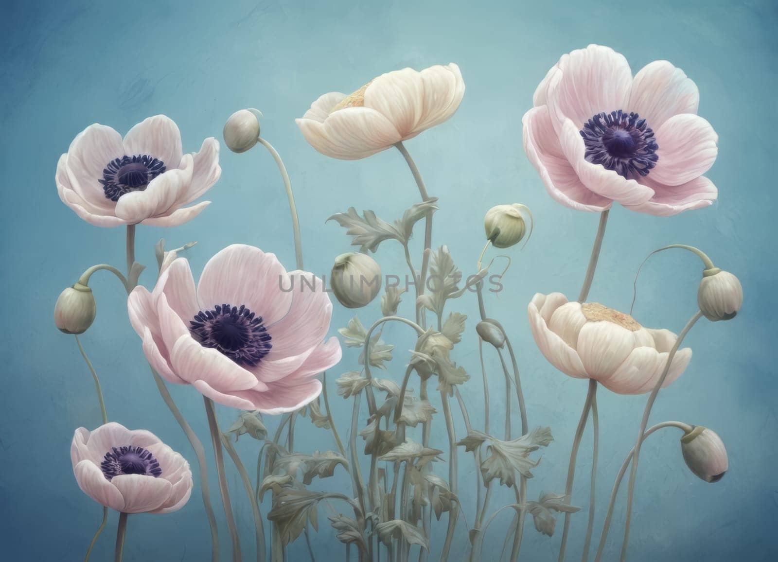 A captivating display of blooming anemones with delicate petals in soft hues against a tranquil blue backdrop. The image evokes a sense of ethereal beauty and serenity. Ideal for conveying themes of nature s elegance and spring s renewal.