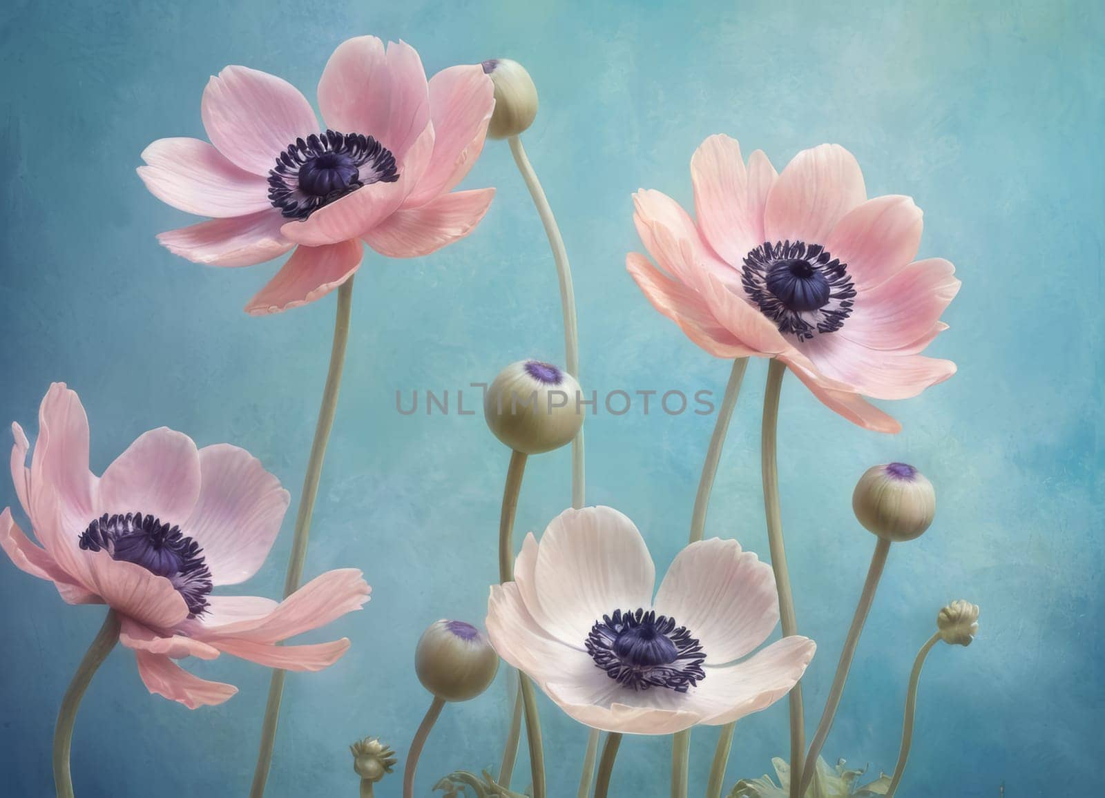 Delicate drawing of blooming poppies on a blue background by Andre1ns