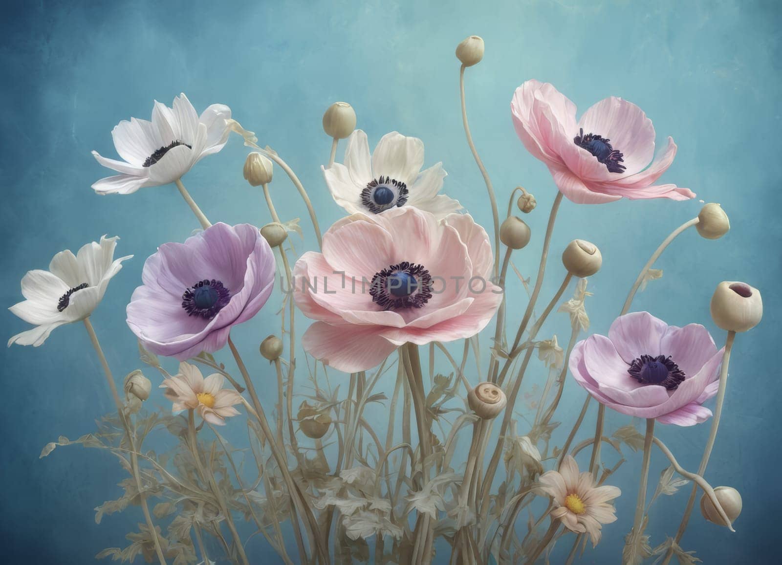 A captivating display of blooming anemones with delicate petals in soft hues against a tranquil blue backdrop. The image evokes a sense of ethereal beauty and serenity. Ideal for conveying themes of nature s elegance and spring s renewal.
