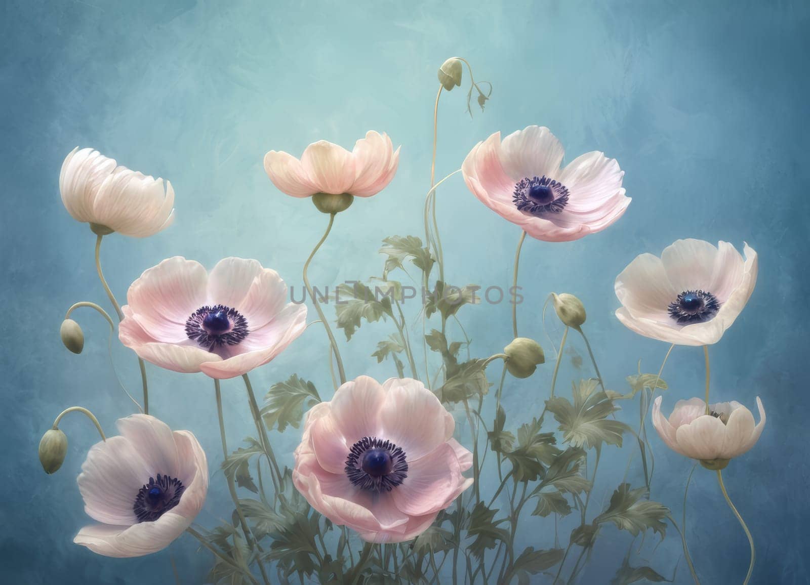 A captivating display of blooming anemones with delicate petals in soft hues against a tranquil blue backdrop. The image evokes a sense of ethereal beauty and serenity. Ideal for conveying themes of nature s elegance and spring s renewal.