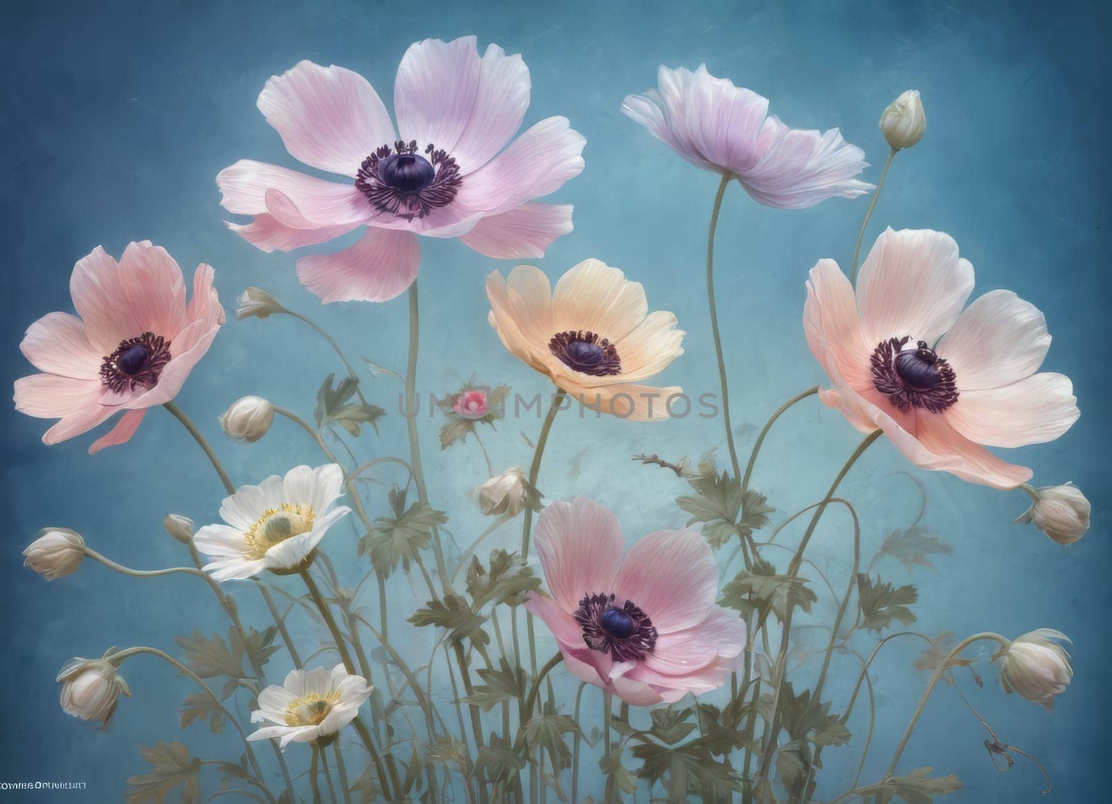 Delicate drawing of blooming poppies on a blue background by Andre1ns