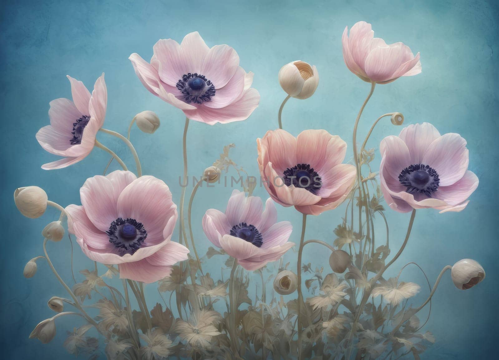 A captivating display of blooming anemones with delicate petals in soft hues against a tranquil blue backdrop. The image evokes a sense of ethereal beauty and serenity. Ideal for conveying themes of nature s elegance and spring s renewal.