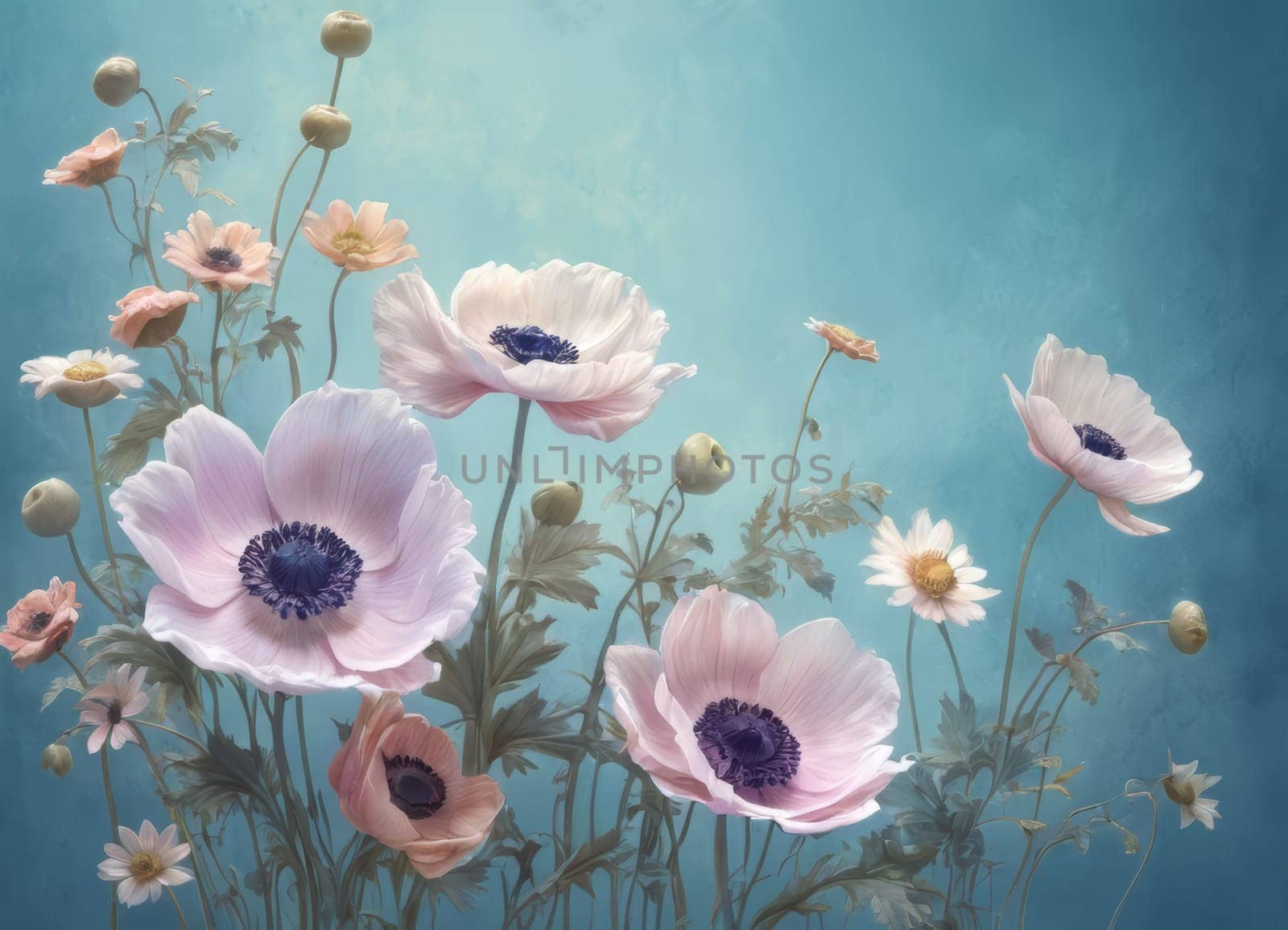 Delicate drawing of blooming poppies on a blue background by Andre1ns