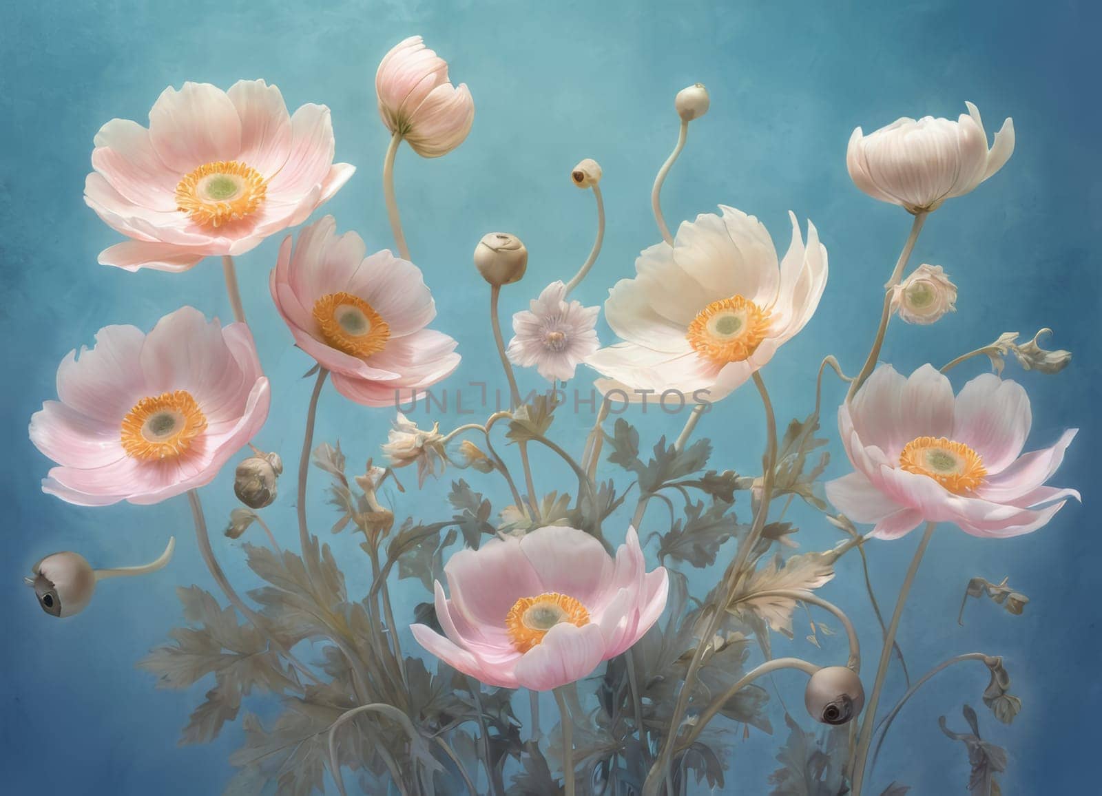A captivating display of blooming anemones with delicate petals in soft hues against a tranquil blue backdrop. The image evokes a sense of ethereal beauty and serenity. Ideal for conveying themes of nature s elegance and spring s renewal.