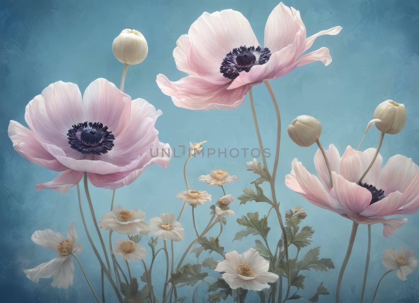 Delicate drawing of blooming poppies on a blue background by Andre1ns